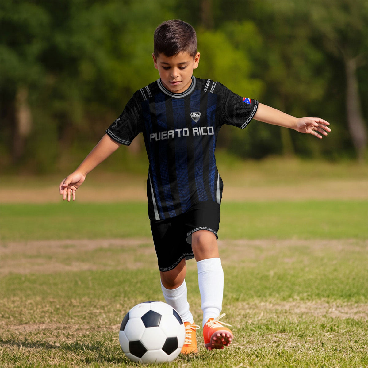 Navy Blue, Kids Puerto Rico Soccer Jersey with Striped Taino for Boy and Girl, Puerto Rico Kids Soccer Jersey Meets Youth Soccer Jersey, Northryn Co.