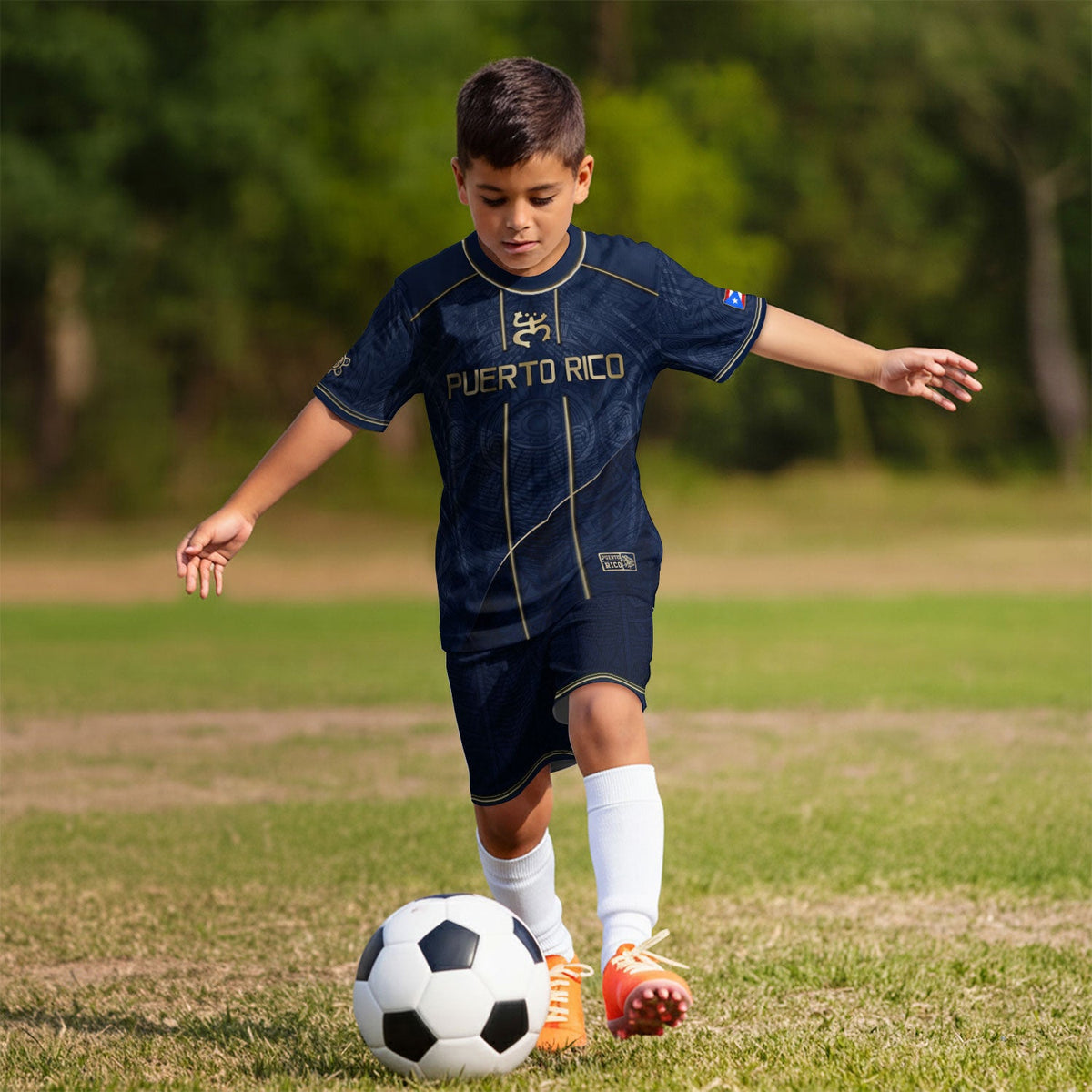 Kids Puerto Rico Soccer Jersey, Navy Gold Taino Coqui Sun Emblem for Boy and Girl, Youth Soccer Jersey, Puerto Rico Kids Soccer Jersey, Northryn Co.