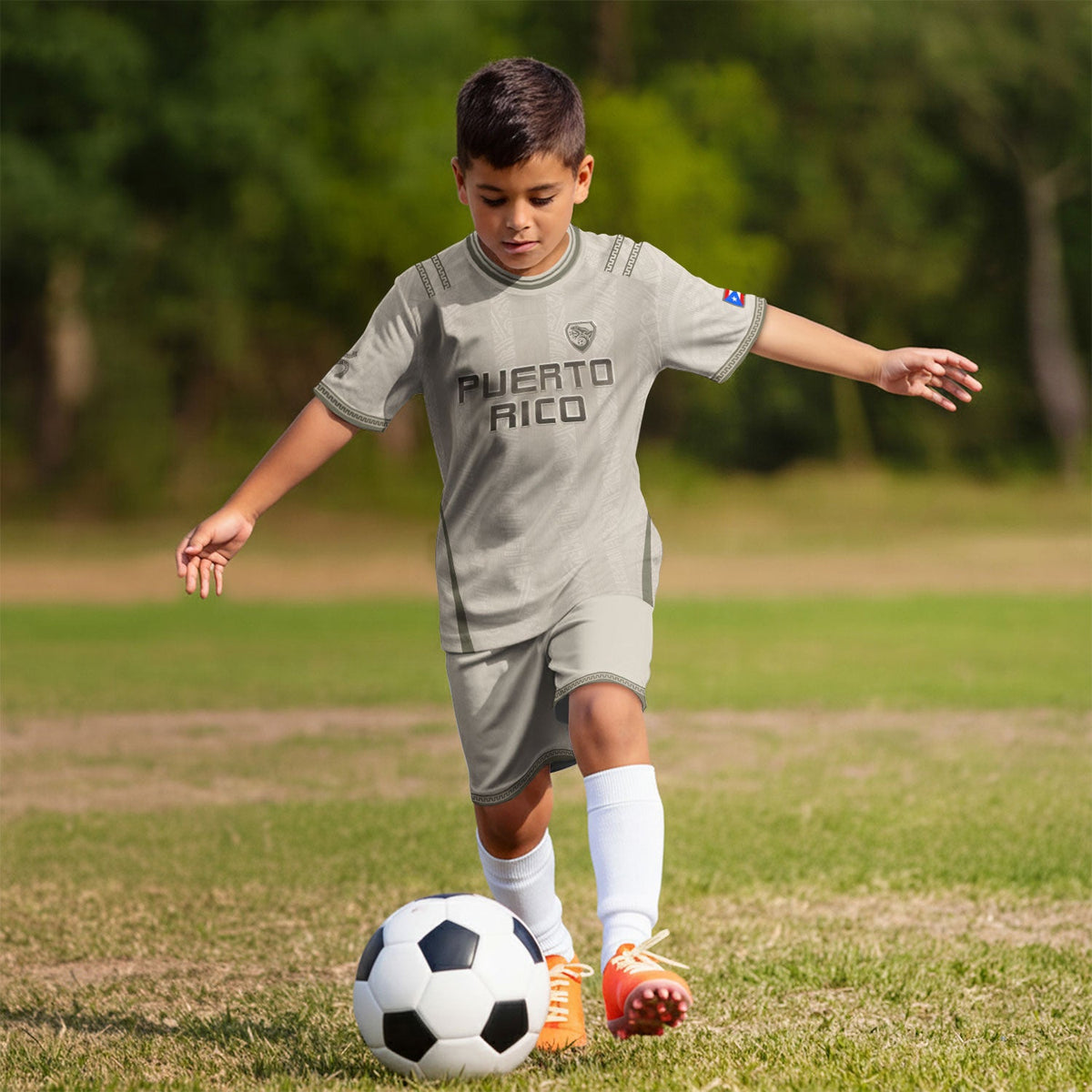 Kids Puerto Rico Soccer Jersey, Grey Cream Taino Striped Pattern for Boy and Girl, Youth Soccer Jersey, Puerto Rico Kids Soccer Jersey, Northryn Co.