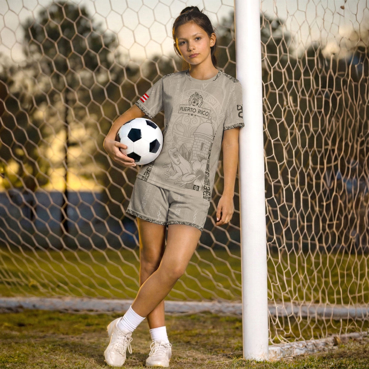 Kids Puerto Rico Soccer Jersey, Beige Gold Coqui Frog Floral for Boy and Girl, Youth Soccer Jersey Meets Puerto Rico Kids Soccer Jersey, Northryn Co.