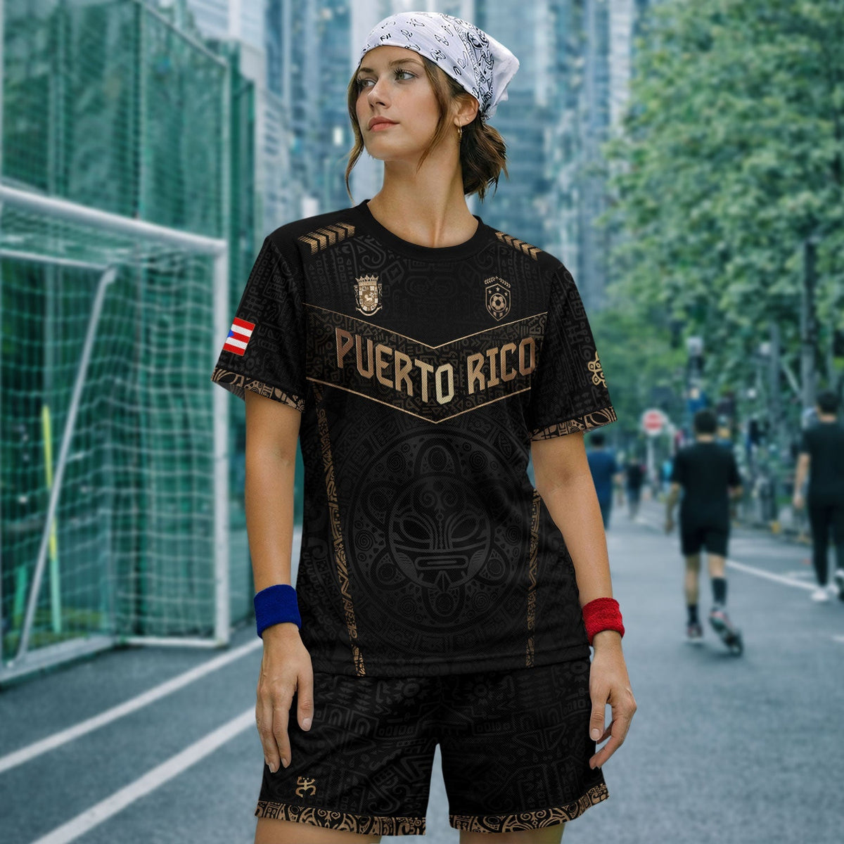 Puerto Rico Soccer Jersey in Black Gold for Men and Women, - Coquí Frog & Taino Sun - V-Shape, Puerto Rico Shirt and Puerto Rico Jersey, Northryn Co.