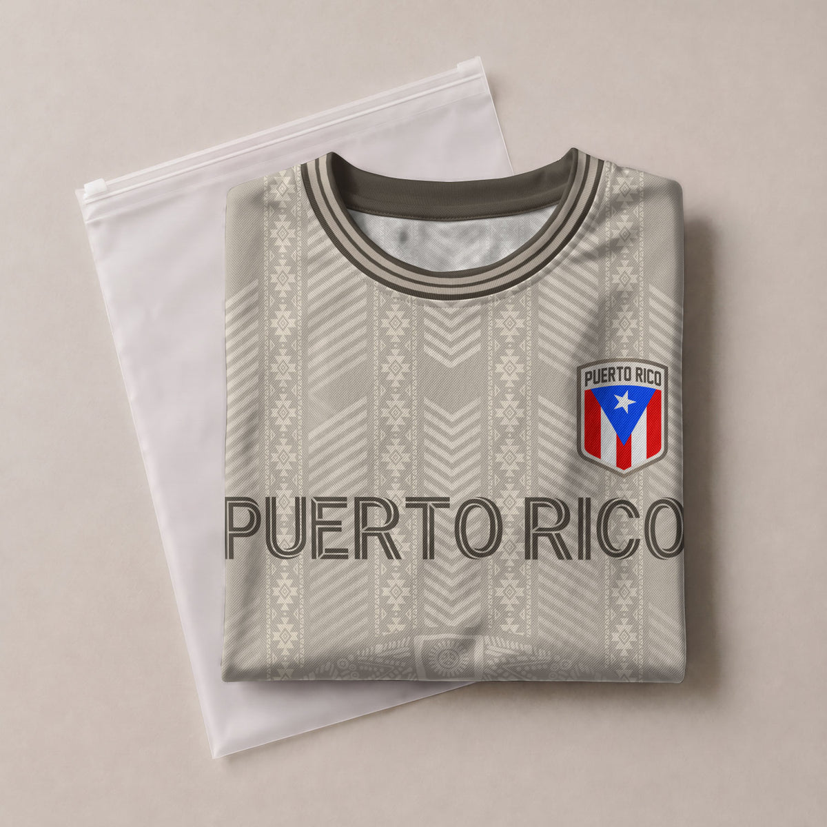 Taino Sun Crest Puerto Rico Soccer Jersey Men Beige Light Gray Heritage Graphic