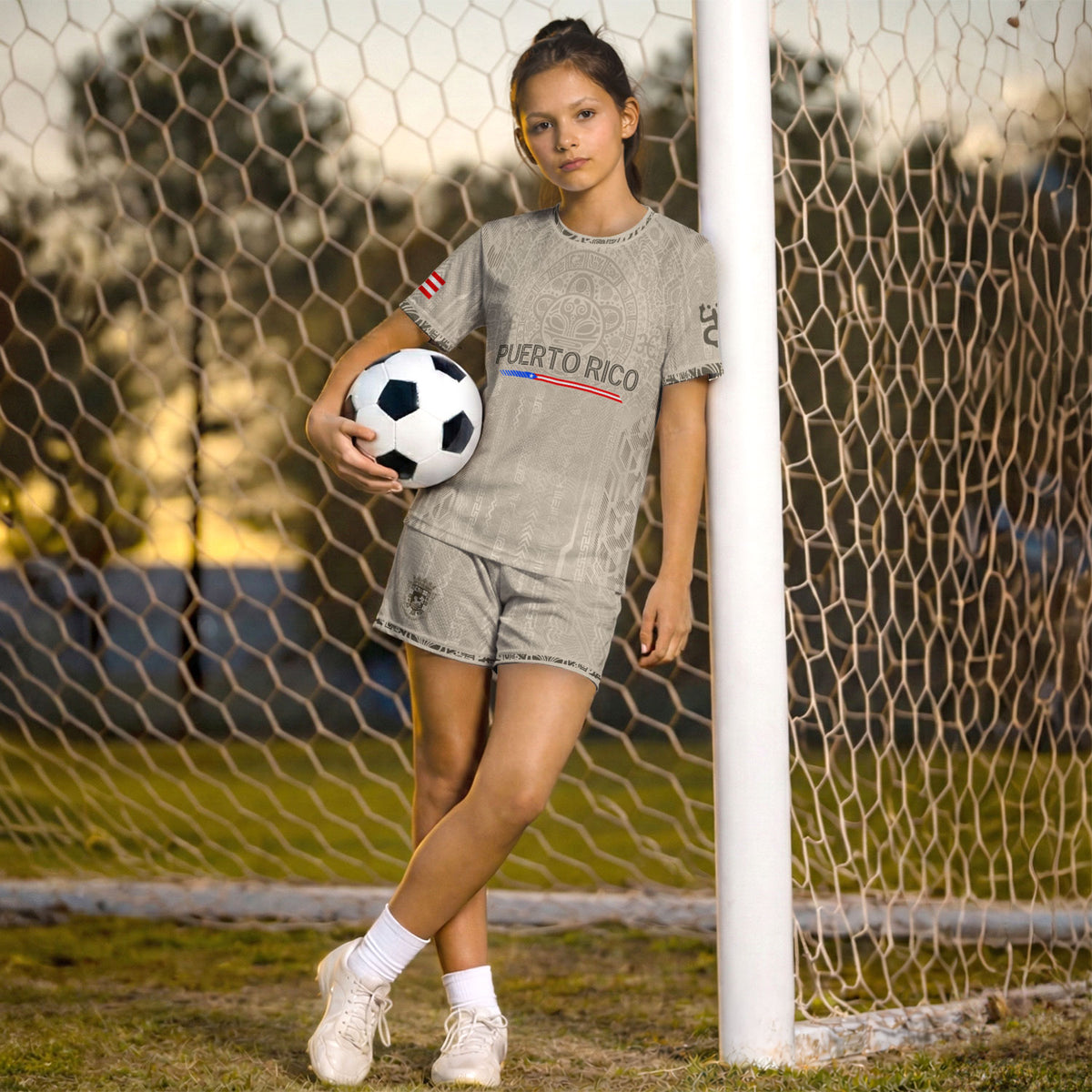 Authentic Youth Beige Puerto Rico Taino Sun Flag Athletic Team Soccer Jersey Shirt