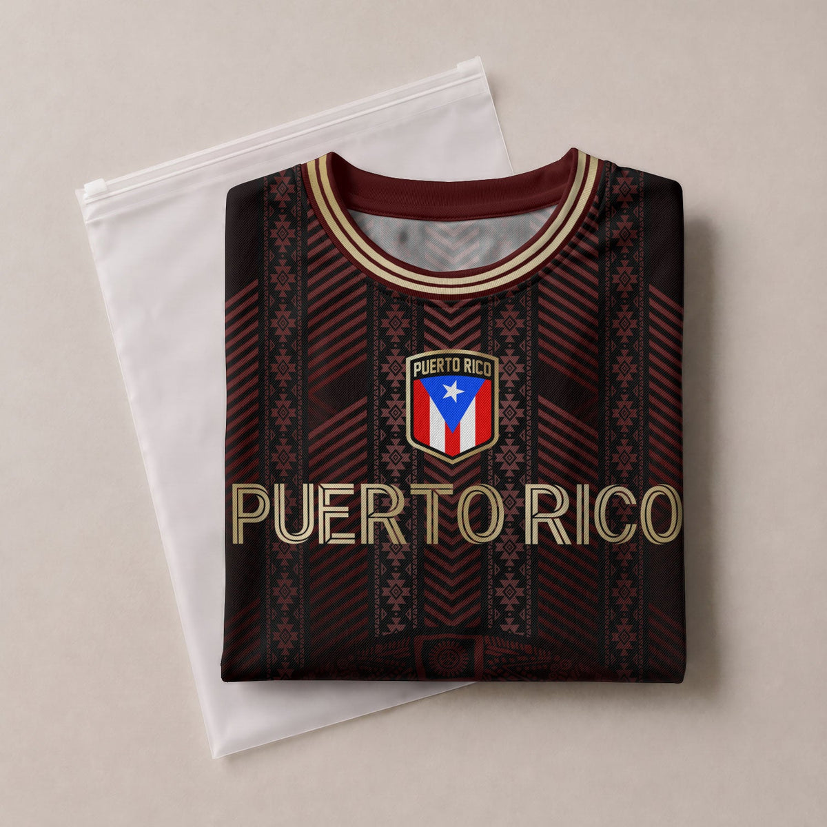 Flag Maroon Gold Puerto Rico Soccer Jersey for Men and Women, Tribal Print National Sport, Top Puerto Rico Shirt and Puerto Rico Jersey, Northryn Co.