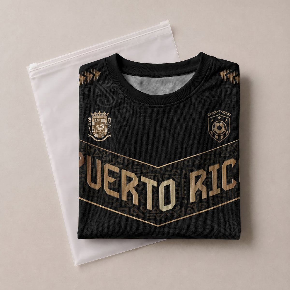 Puerto Rico Soccer Jersey in Black Gold for Men and Women, - Coquí Frog & Taino Sun - V-Shape, Puerto Rico Shirt and Puerto Rico Jersey, Northryn Co.