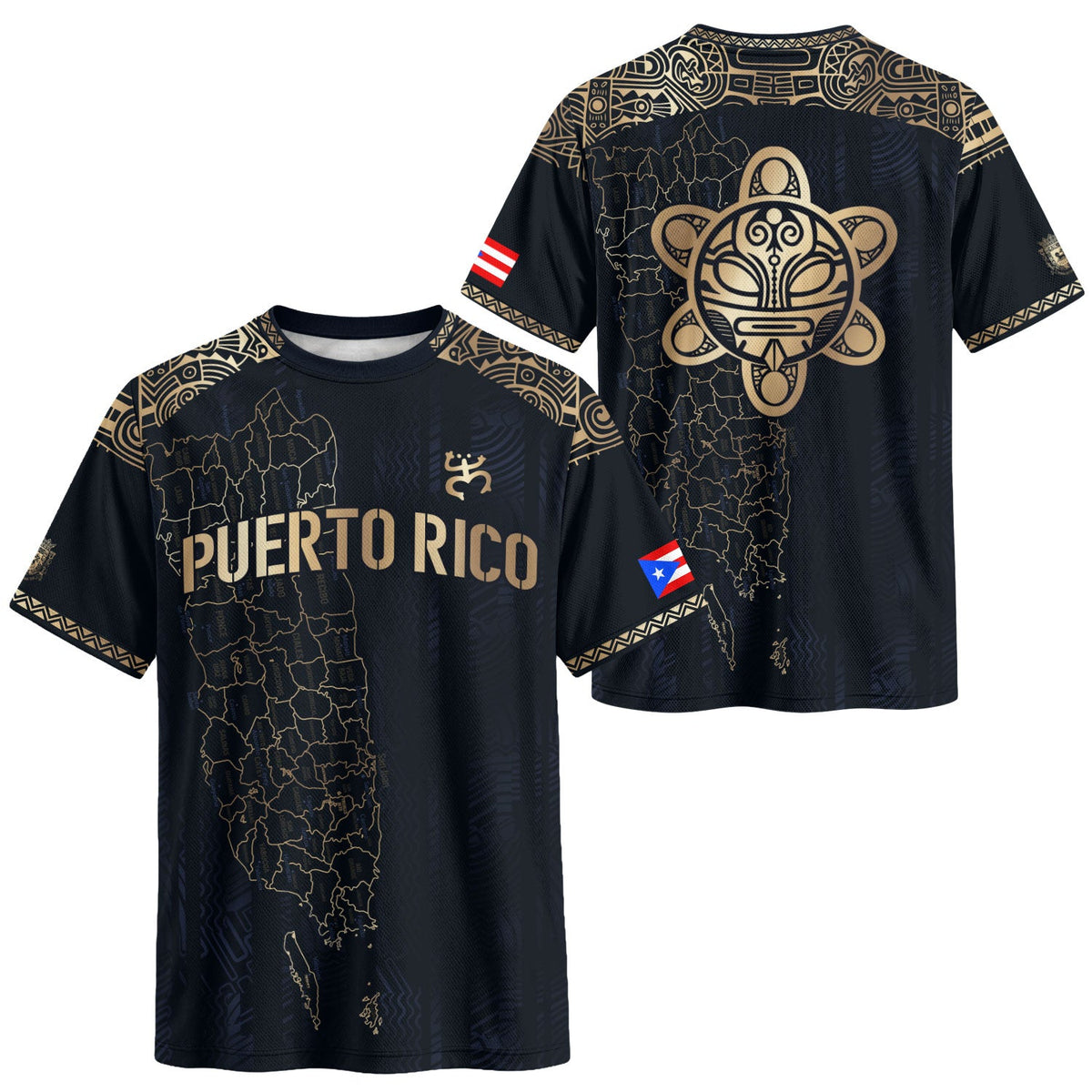 Puerto Rico Soccer Jersey with Map Taino for Men and Women, Tribal Gold Navy Patriotic Sport, Puerto Rico Jersey and Puerto Rico Shirt, Northryn Co.