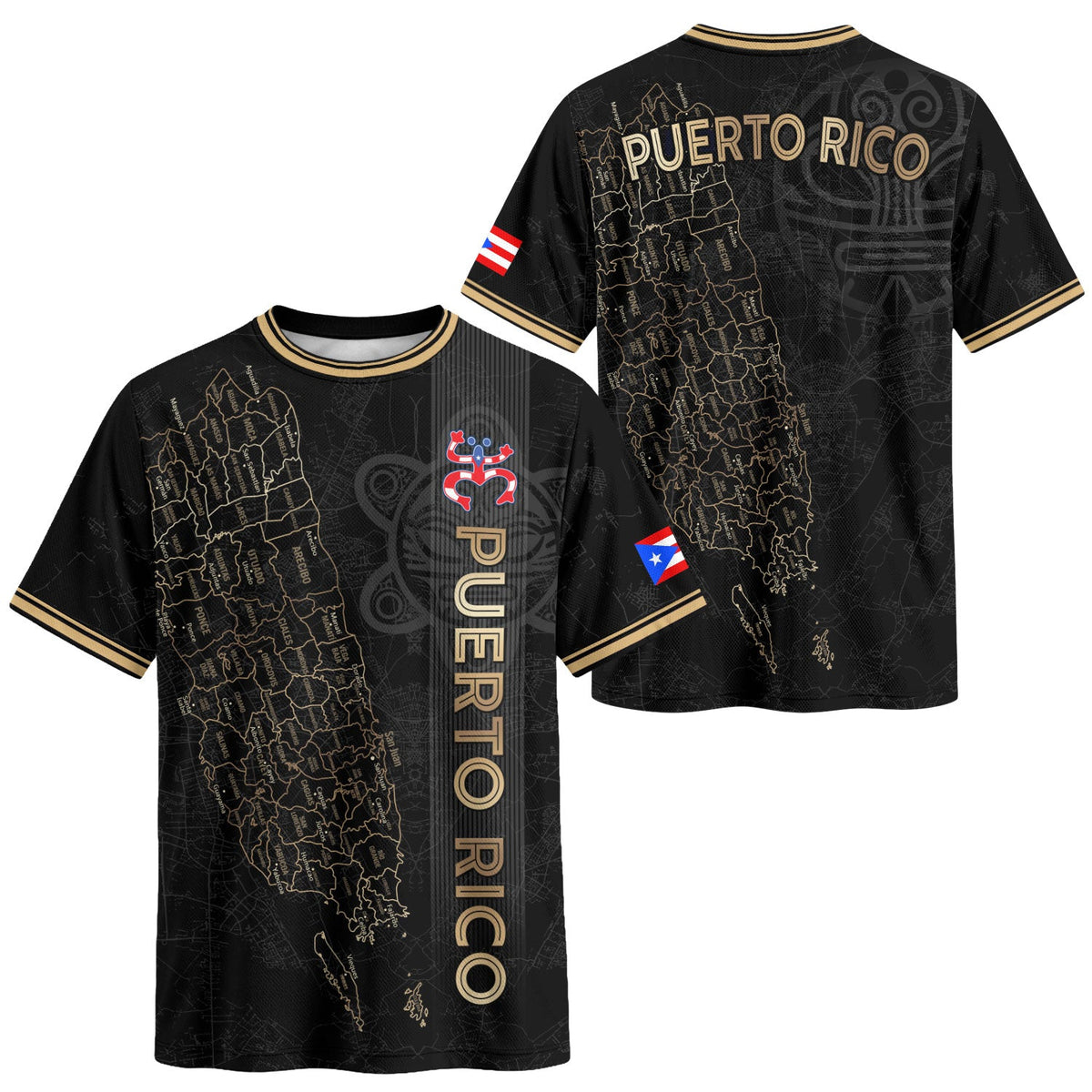 Puerto Rico Soccer Jersey in Black Gold for Men and Women, Taino Tribal Map Symbols National, Puerto Rico Shirt and Puerto Rico Jersey, Northryn Co.