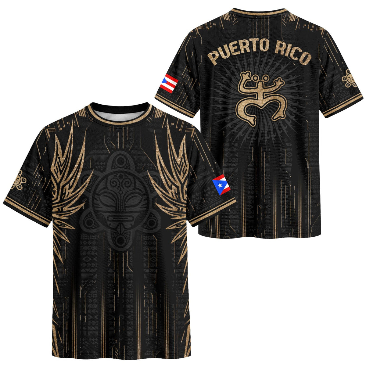 Puerto Rico Soccer Jersey in Black Gold for Men and Women, Tribal Warrior National Heritage, Puerto Rico Shirt and Puerto Rico Jersey, Northryn Co.