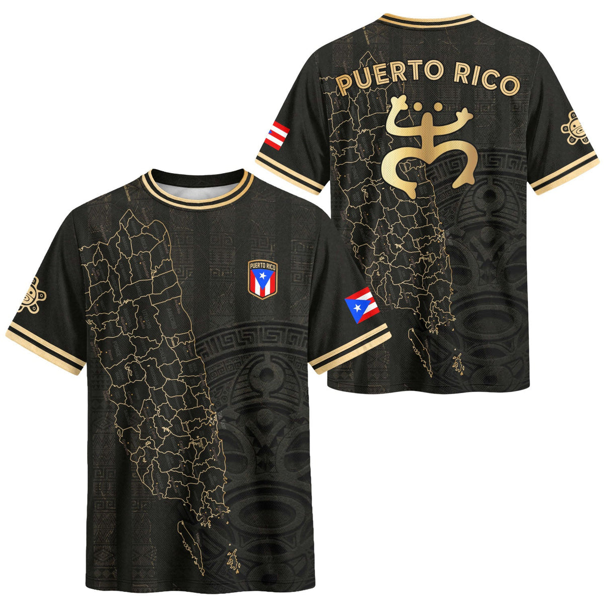 Taino Sun Black Gold Puerto Rico Soccer Jersey for Men and Women, Island Map National Heritage, Puerto Rico Jersey and Puerto Rico Shirt, Northryn Co.