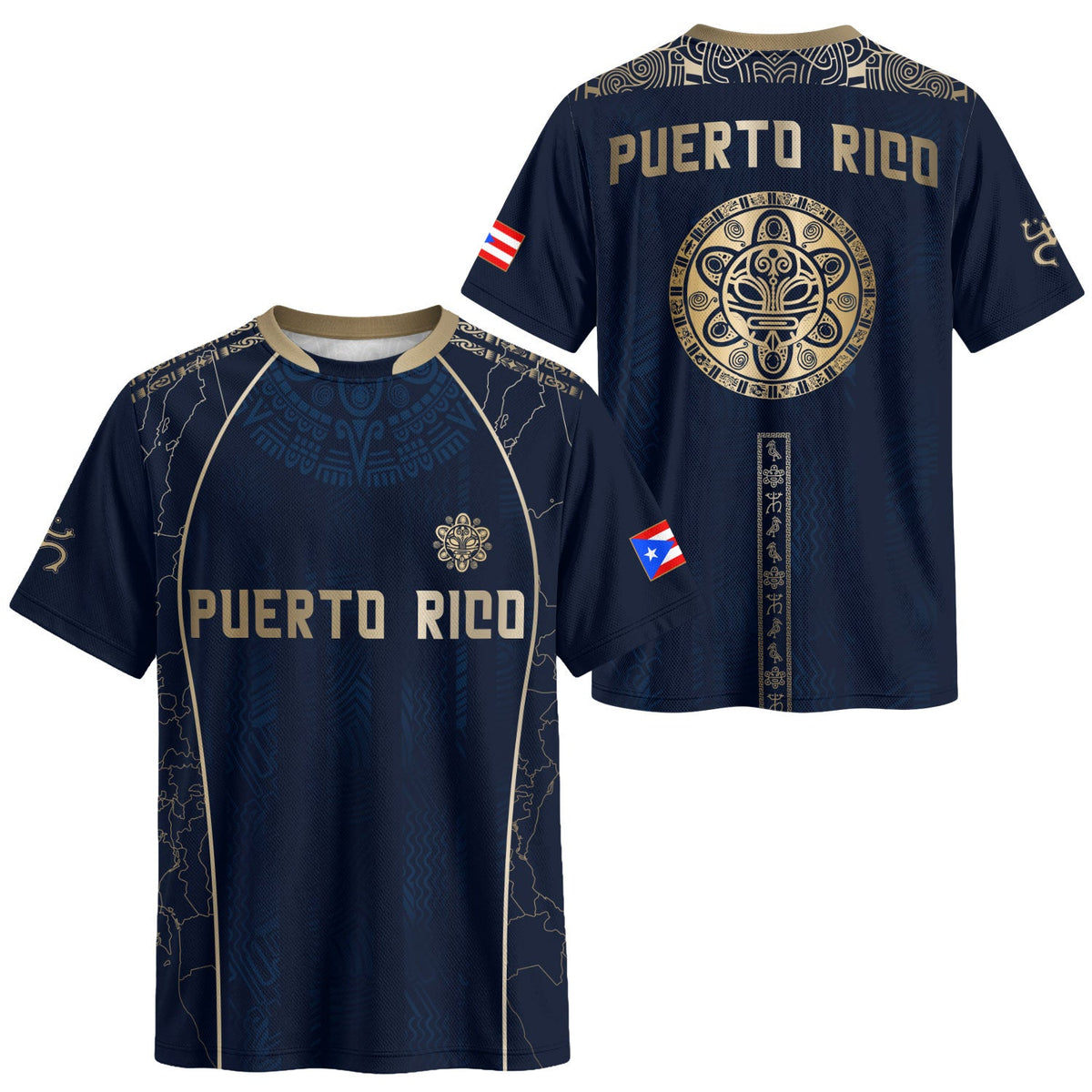 Puerto Rico Soccer Jersey in Navy Gold for Men and Women, Outline Map Taino Sun National Heritage, Puerto Rico Shirt, Puerto Rico Jersey, Northryn Co.