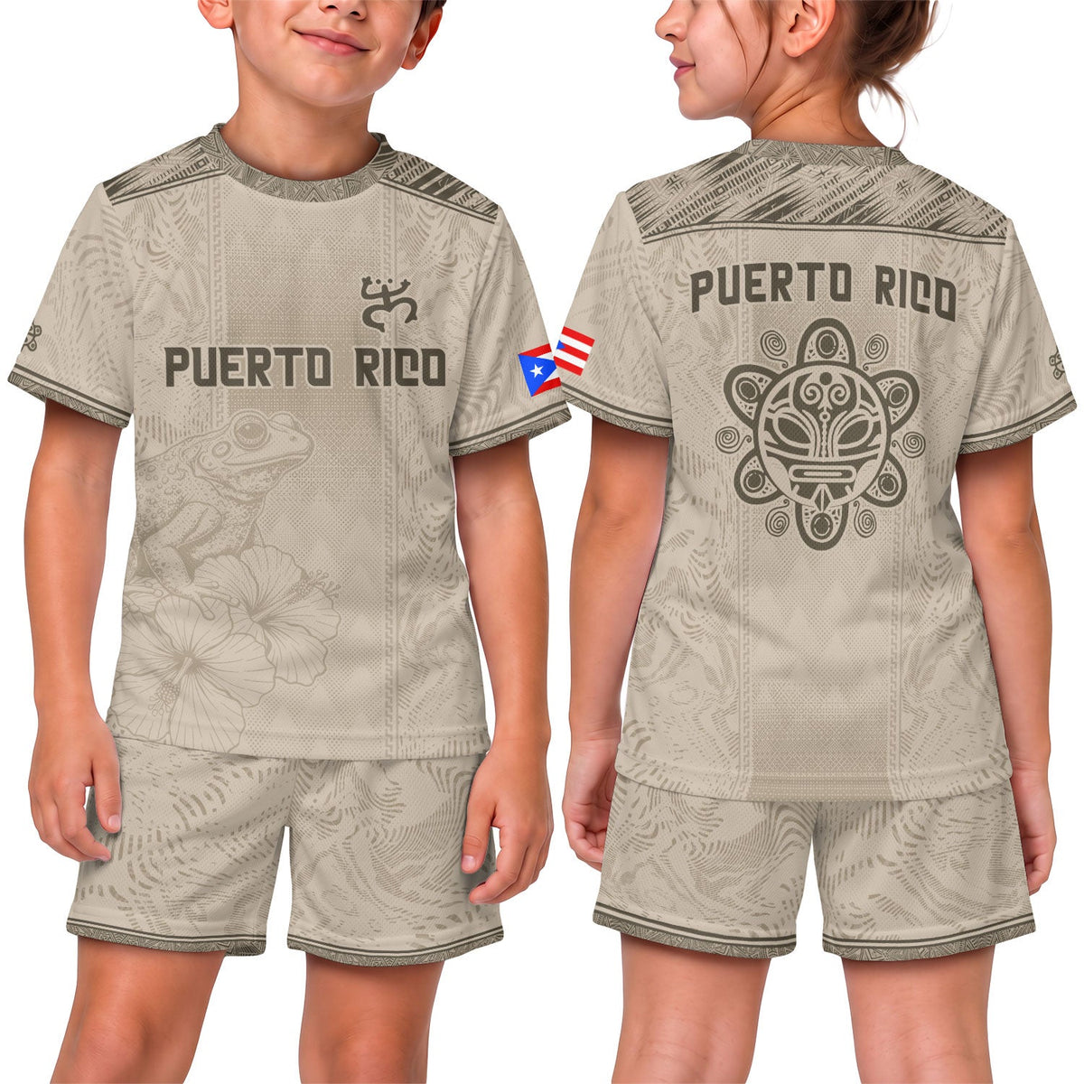 Beige Gold Coqui, Kids Puerto Rico Soccer Jersey with Frog Floral for Boy and Girl, Puerto Rico Kids Soccer Jersey, Youth Soccer Jersey, Northryn Co.