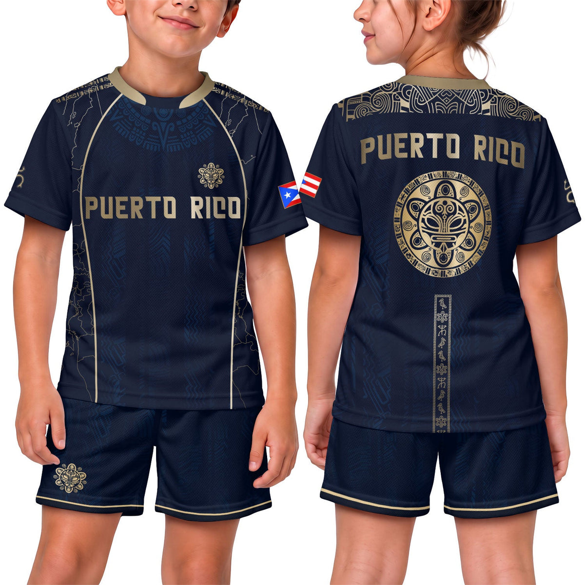 Kids Puerto Rico Soccer Jersey, Navy Gold Outline Map Taino Sun for Boy and Girl, Youth Soccer Jersey and Puerto Rico Kids Soccer Jersey, Northryn Co.