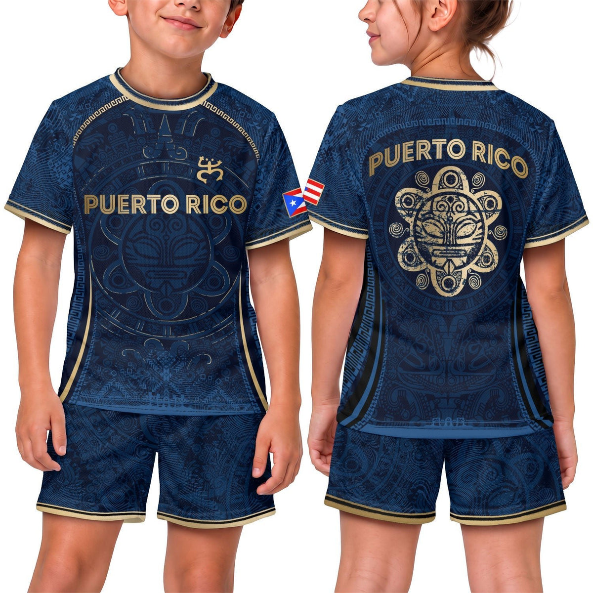 Kids Puerto Rico Soccer Jersey, Blue Gold Taino Sun Heritage for Boy and Girl, Youth Soccer Jersey Meets Puerto Rico Kids Soccer Jersey, Northryn Co.