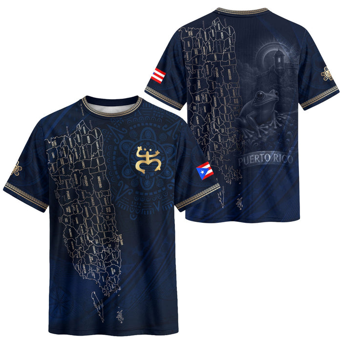 Map Boricua El Morro Puerto Rico Soccer Jersey Gold Navy Heritage, Coqui Frog Puerto Rico Jersey for Men and Women, Puerto Rico Shirt, Northryn Co.