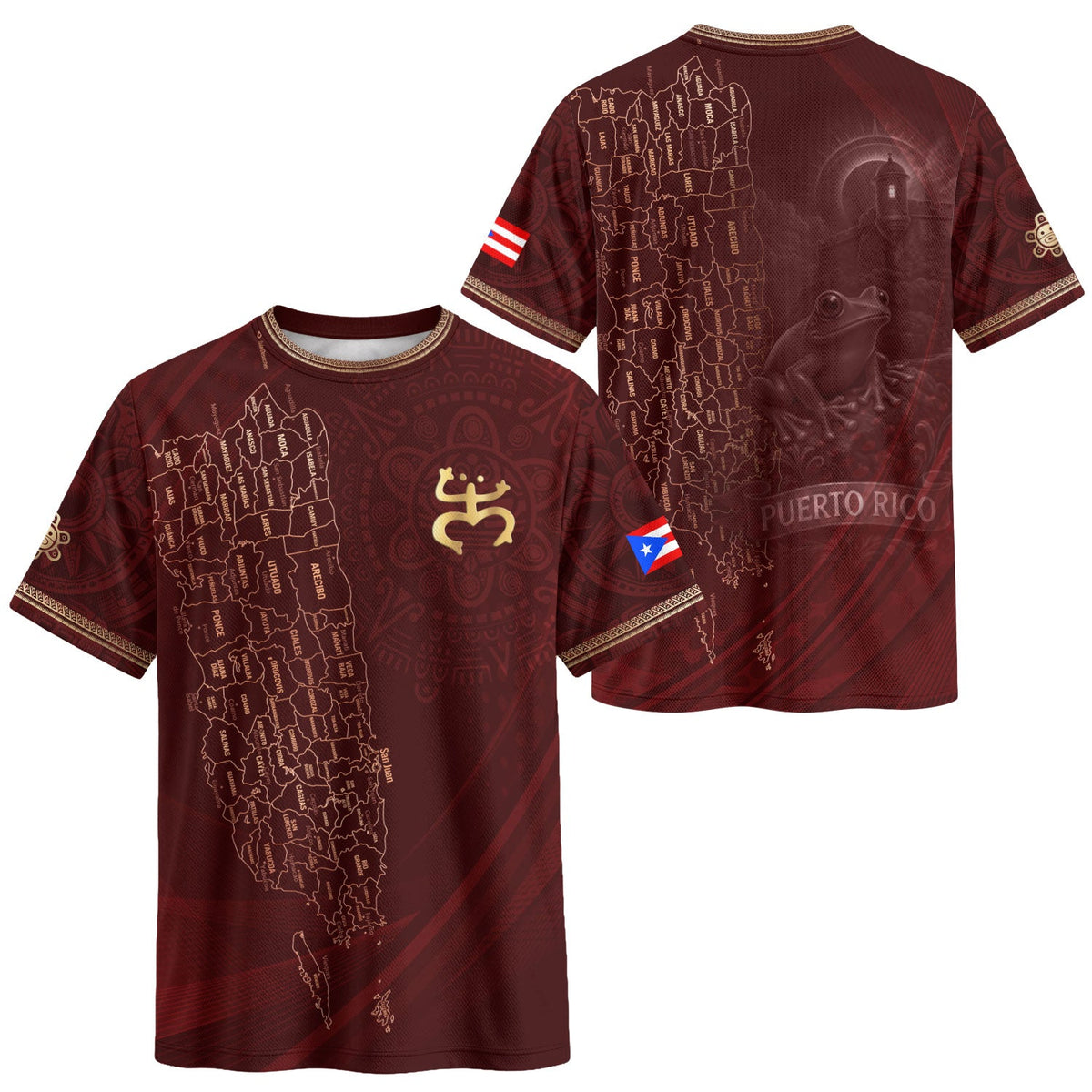 Puerto Rico Soccer Jersey with Map Coqui for Men and Women, Frog El Morro Gold Maroon National, Puerto Rico Shirt and Puerto Rico Jersey, Northryn Co.