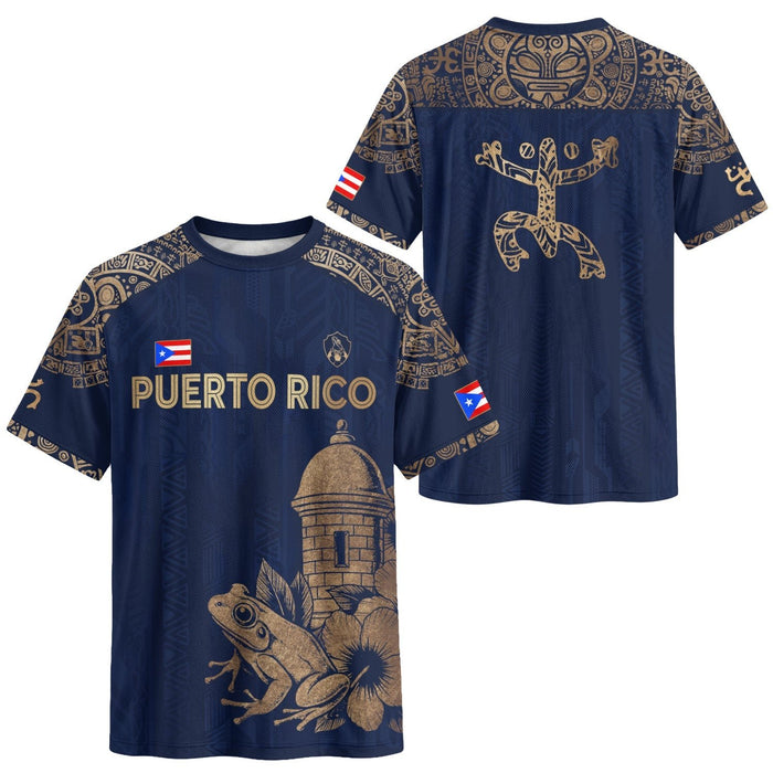Puerto Rico Soccer Jersey in Navy Gold for Men and Women, Coqui Frog Garita Flower National, Puerto Rico Jersey and Puerto Rico Shirt, Northryn Co.