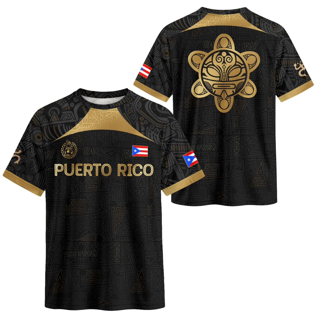 Puerto Rico Soccer Jersey in Black Gold for Men and Women, Tribal Graphic Taino Sun National, Puerto Rico Shirt and Puerto Rico Jersey, Northryn Co.
