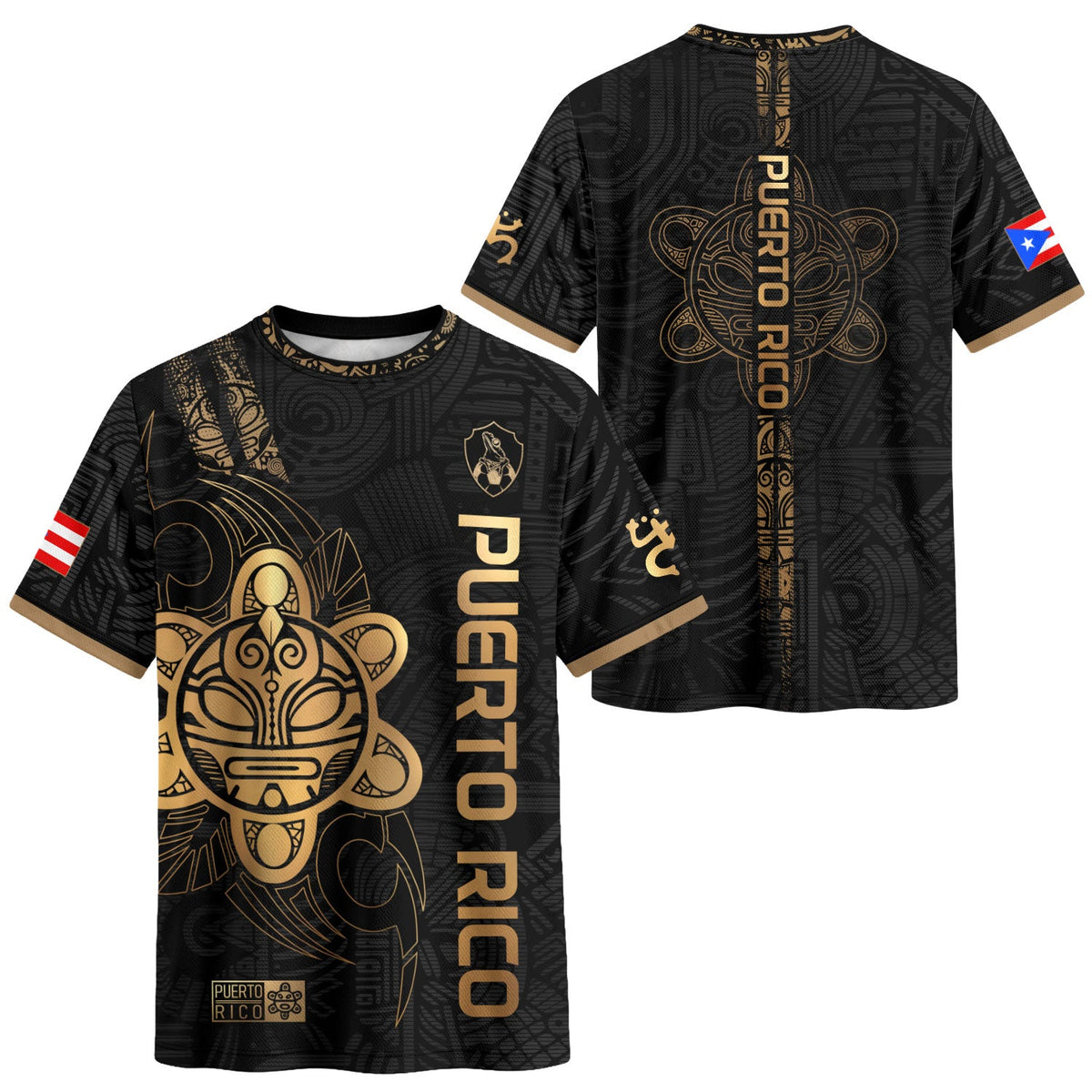 Puerto Rico Soccer Jersey in Black Gold for Men and Women, Side Taino Sun National Heritage, Puerto Rico Shirt and Puerto Rico Jersey, Northryn Co.
