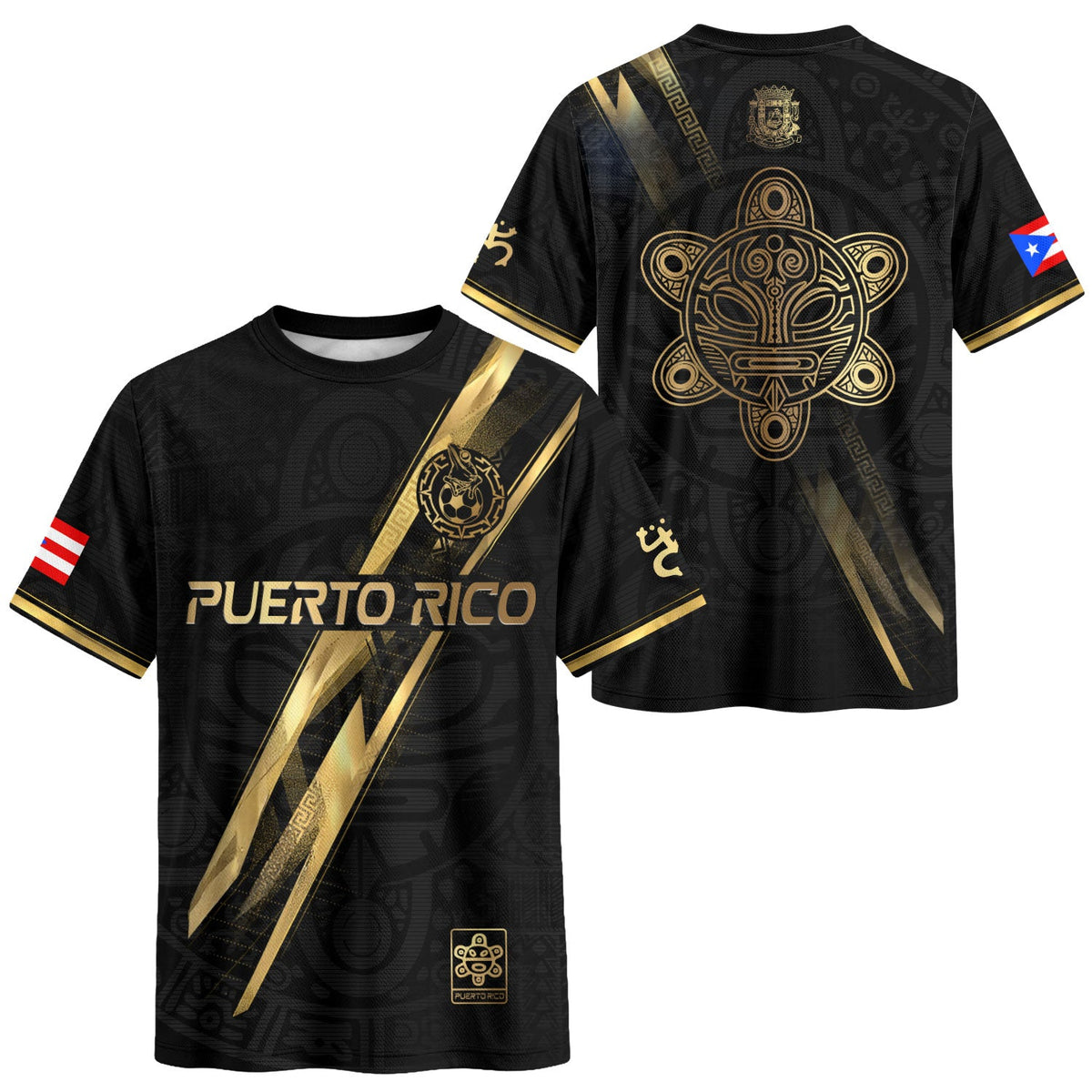 Taino Sun Black Gold Puerto Rico Soccer Jersey for Men and Women, Lightning Graphic National, Puerto Rico Shirt and Puerto Rico Jersey, Northryn Co.