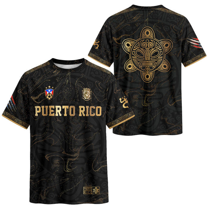 Taino Sun Black Gold Puerto Rico Soccer Jersey for Men and Women, Abstract National Heritage, Puerto Rico Shirt and Puerto Rico Jersey, Northryn Co.