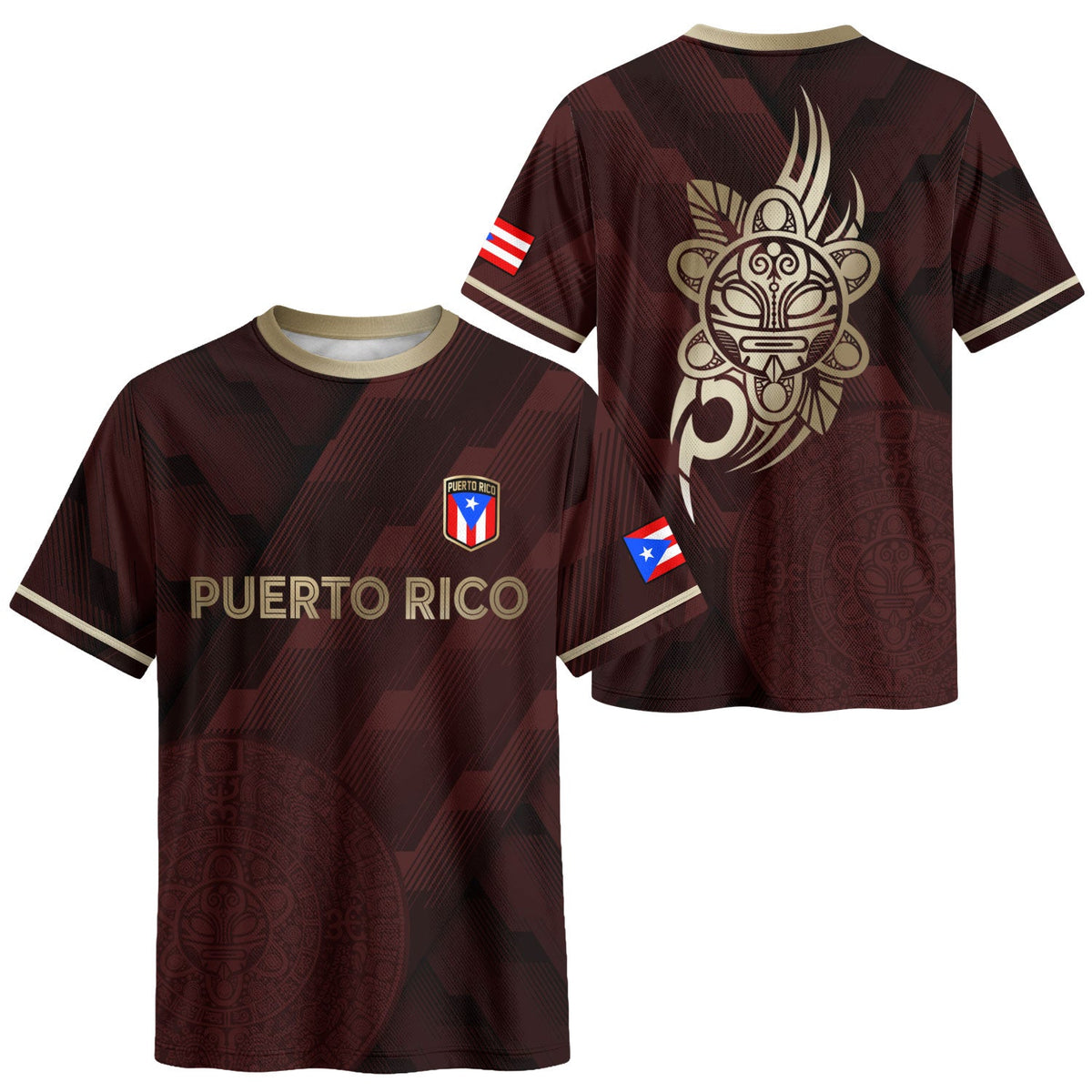 Puerto Rico Soccer Jersey in Maroon Gold for Men and Women, Taino Symbol Art National Heritage, Puerto Rico Jersey and Puerto Rico Shirt, Northryn Co.