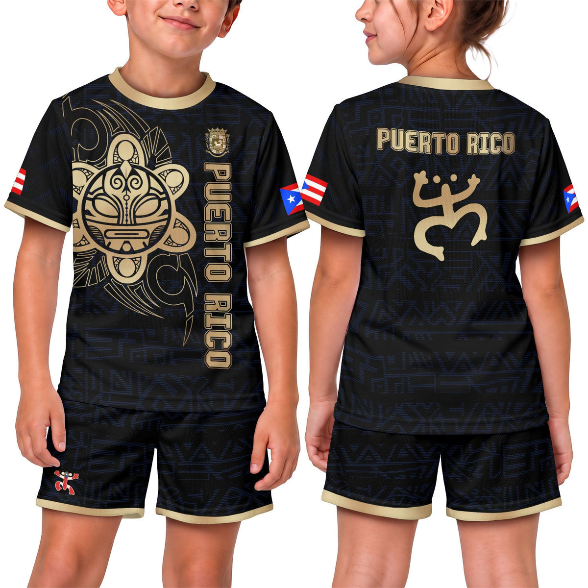 Black Navy Gold, Kids Puerto Rico Soccer Jersey with Taino Sun God for Boy and Girl, Puerto Rico Kids Soccer Jersey, Youth Soccer Jersey, Northryn Co.