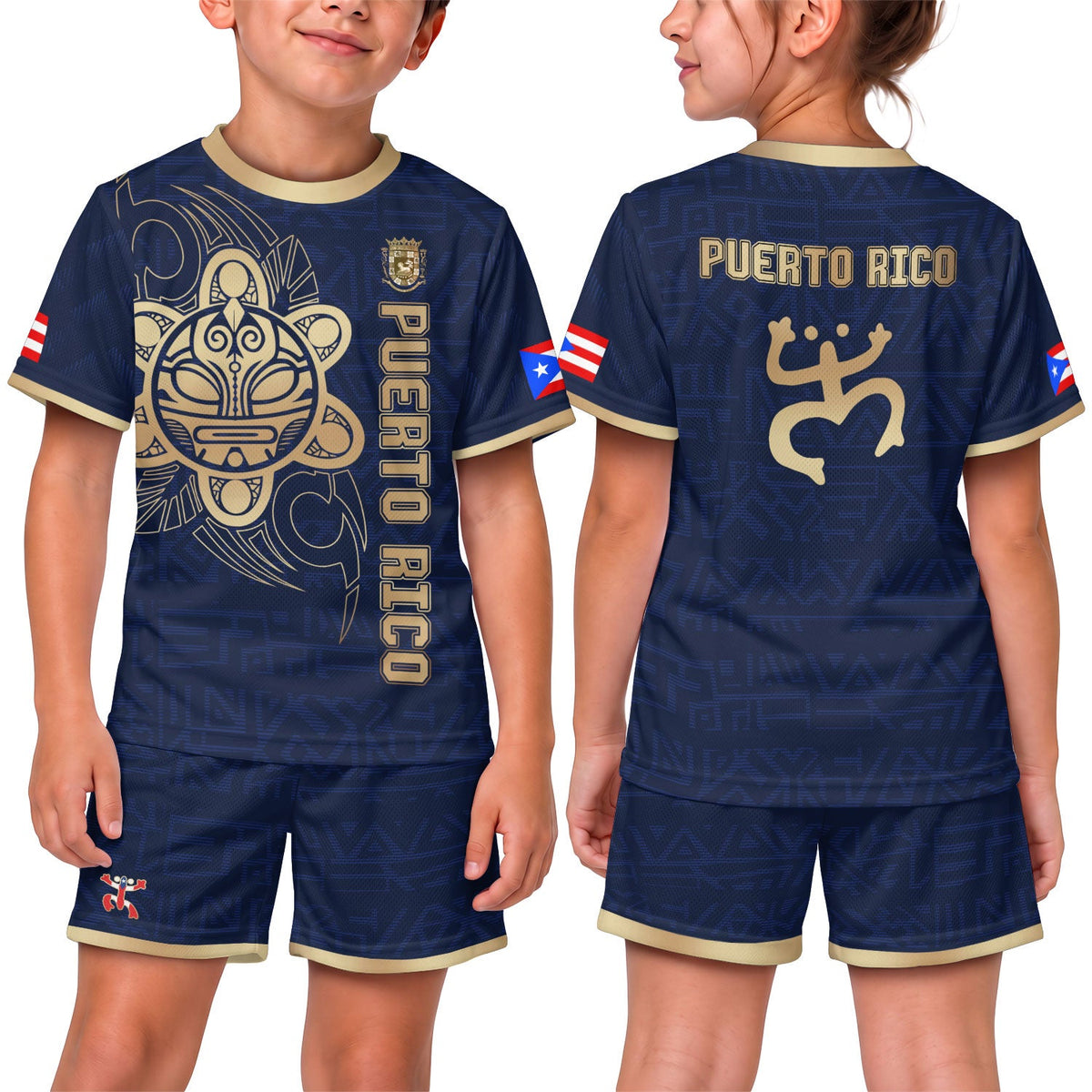 Kids Puerto Rico Soccer Jersey, Navy Gold Taino Sun God Ancient for Boy and Girl, Youth Soccer Jersey and Puerto Rico Kids Soccer Jersey, Northryn Co.