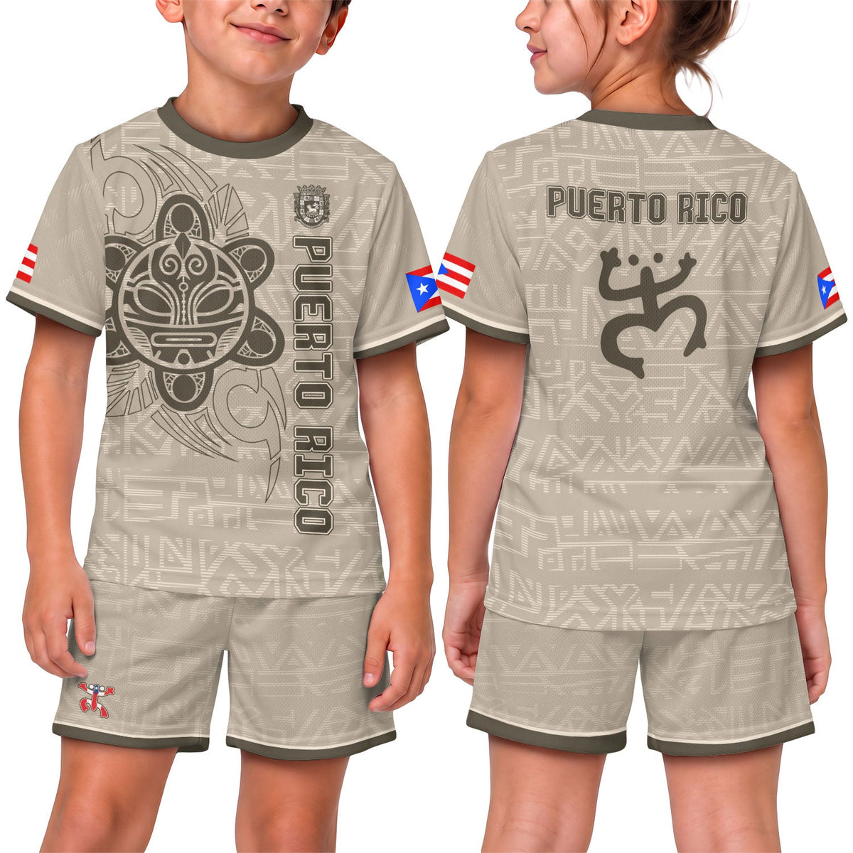 Beige Gold Taino, Kids Puerto Rico Soccer Jersey for Boy and Girl with Sun God, Puerto Rico Kids Soccer Jersey Meets Youth Soccer Jersey, Northryn Co.