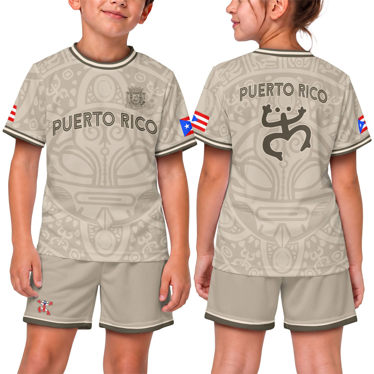 Kids Puerto Rico Soccer Jersey for Boy and Girl, Beige Gold Boricua Taino Mask, Youth Soccer Jersey Meets Puerto Rico Kids Soccer Jersey, Northryn Co.