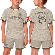 Kids Puerto Rico Soccer Jersey for Boy and Girl, Beige Gold Boricua Taino Mask, Youth Soccer Jersey Meets Puerto Rico Kids Soccer Jersey, Northryn Co.