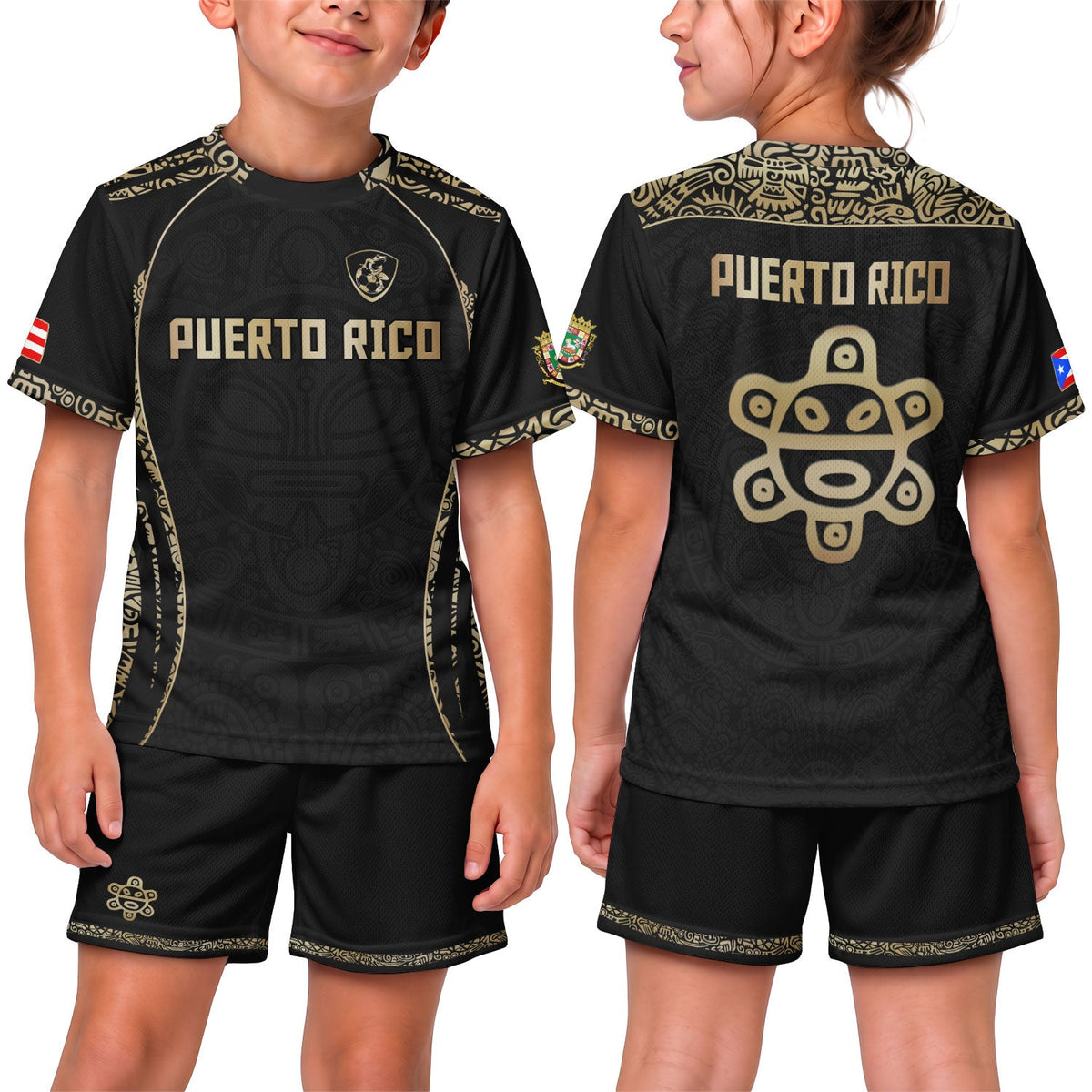 Kids Puerto Rico Soccer Jersey, Black Gold Boricua Taino Sun Mask for Boy and Girl, Youth Soccer Jersey, Puerto Rico Kids Soccer Jersey, Northryn Co.