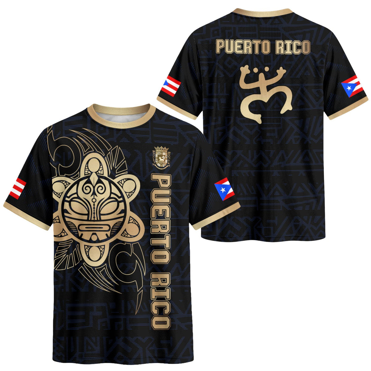 Taino Sun Black Navy Puerto Rico Soccer Jersey for Men and Women, Gold God Island Tribal Pattern, Puerto Rico Shirt, Puerto Rico Jersey, Northryn Co.