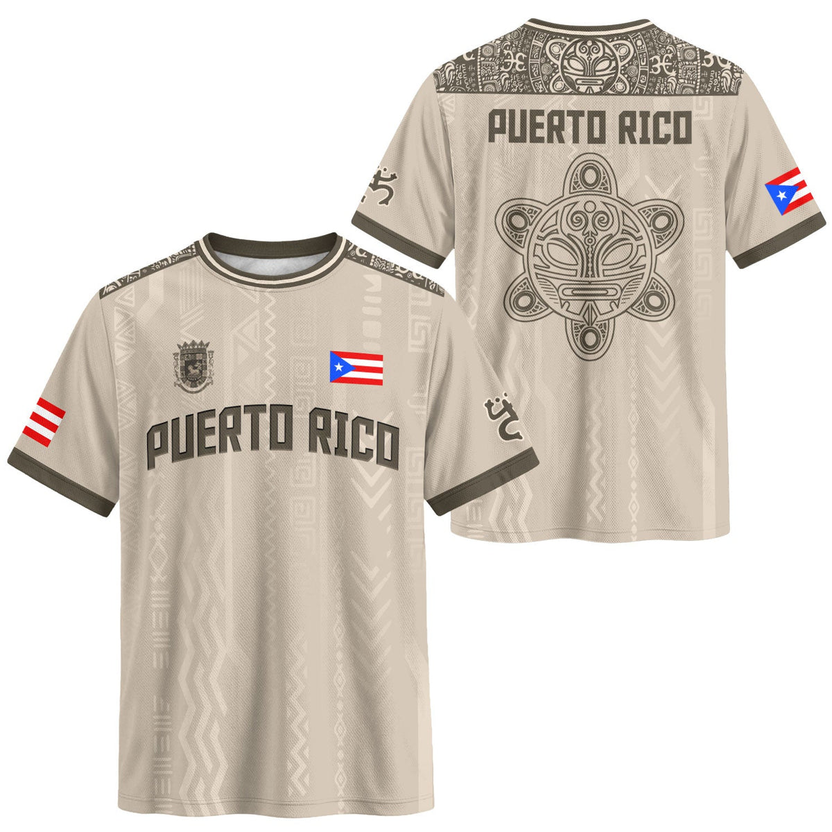 Puerto Rico Soccer Jersey in Beige Sand for Men and Women, Taino Sun Coqui Tribal Ancestral, Puerto Rico Shirt and Puerto Rico Jersey, Northryn Co.