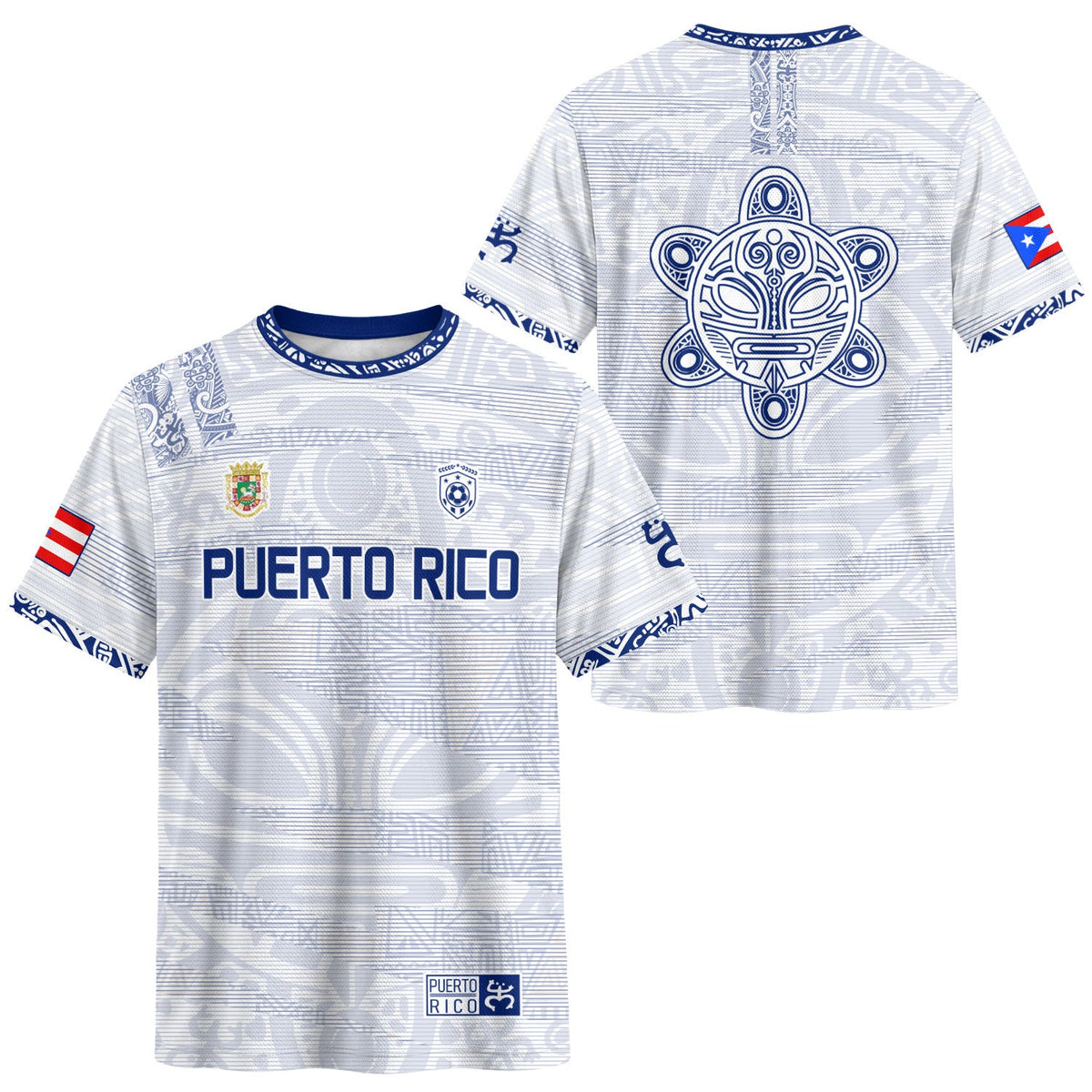 Puerto Rico Soccer Jersey in White Blue for Men and Women, Taino Tribal Pattern National Heritage, Puerto Rico Jersey, Puerto Rico Shirt, Northryn Co.