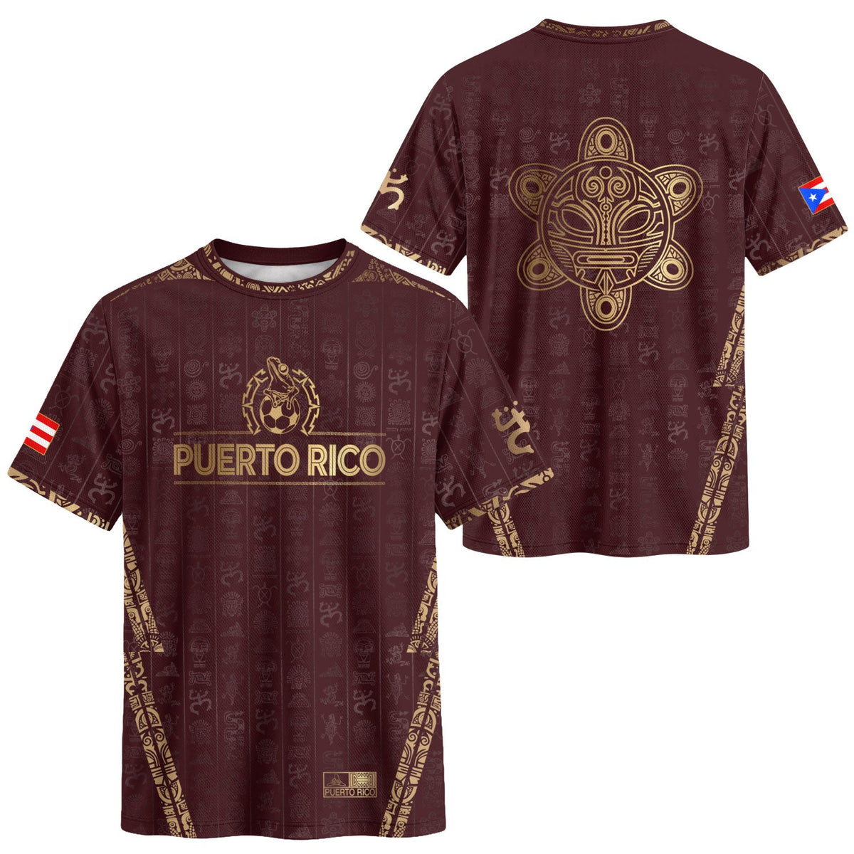 Taino Sun Maroon Gold Puerto Rico Soccer Jersey for Men and Women, National Heritage Symbols, Puerto Rico Jersey and Puerto Rico Shirt, Northryn Co.