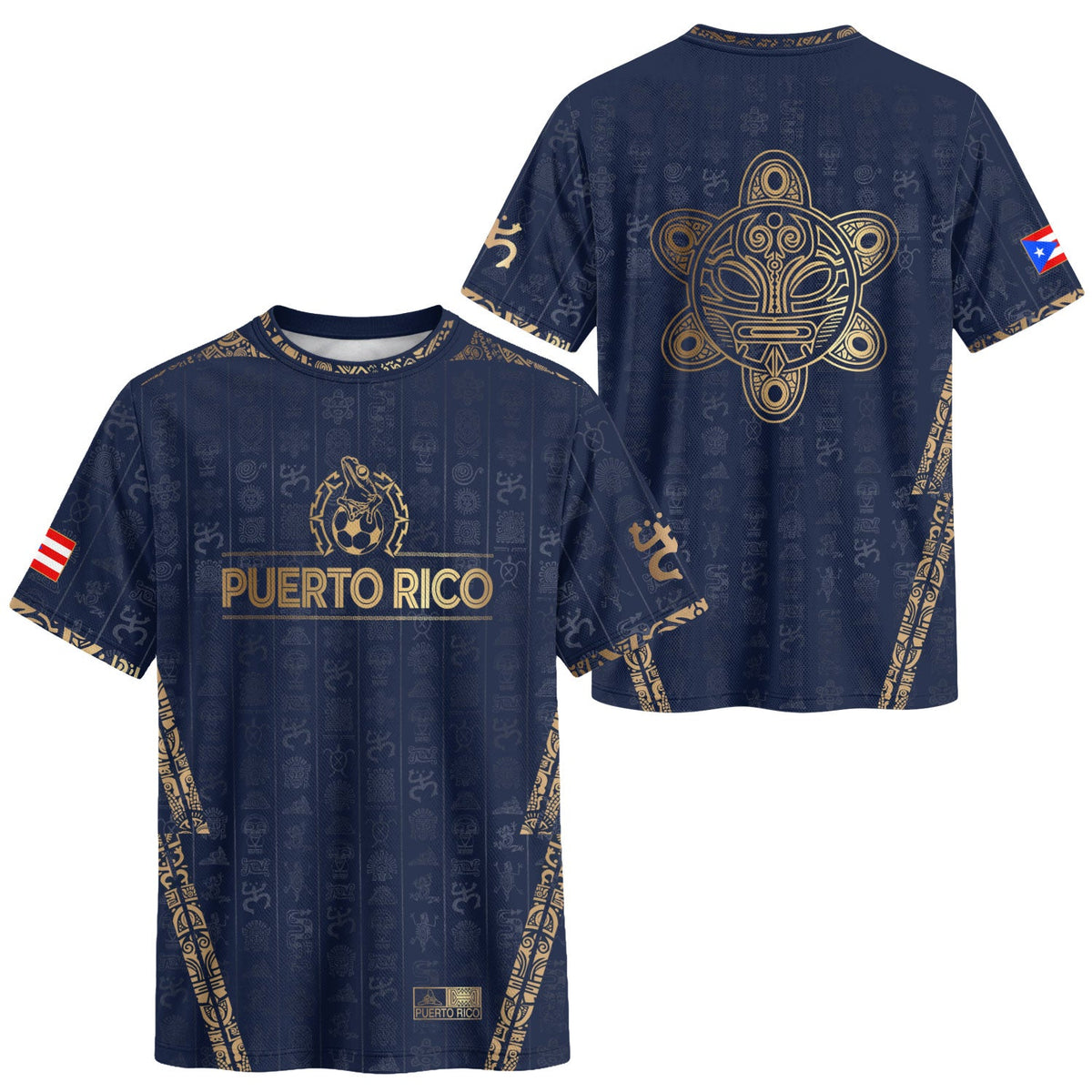 Puerto Rico Soccer Jersey in Navy Gold for Men and Women, Taino Sun National Heritage Symbols, Puerto Rico Shirt and Puerto Rico Jersey, Northryn Co.