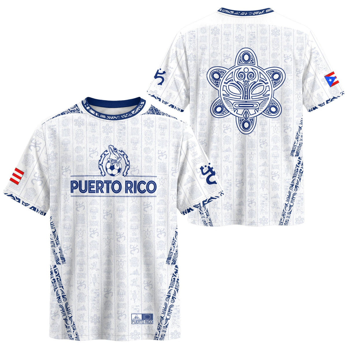 Puerto Rico Soccer Jersey in White Blue for Men and Women, Taino Sun National Heritage Symbols, Puerto Rico Jersey and Puerto Rico Shirt, Northryn Co.
