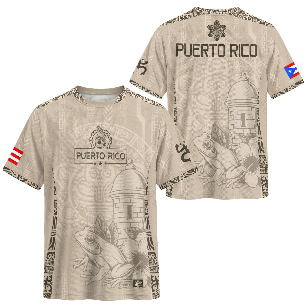Puerto Rico Soccer Jersey for Men and Women, Beige Gold Coqui Frog Floral Garita Taino Sun, Top Puerto Rico Jersey and Puerto Rico Shirt, Northryn Co.