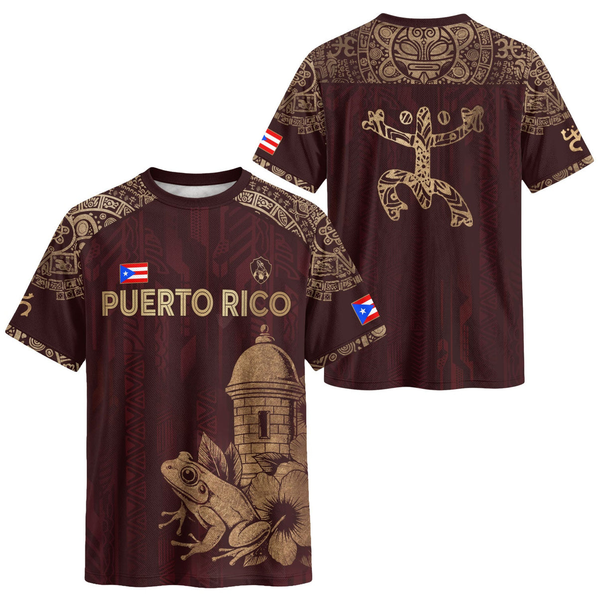 Puerto Rico Soccer Jersey in Maroon Gold for Men and Women, Coqui Frog Garita Floral Taino Sun, Puerto Rico Shirt and Puerto Rico Jersey, Northryn Co.