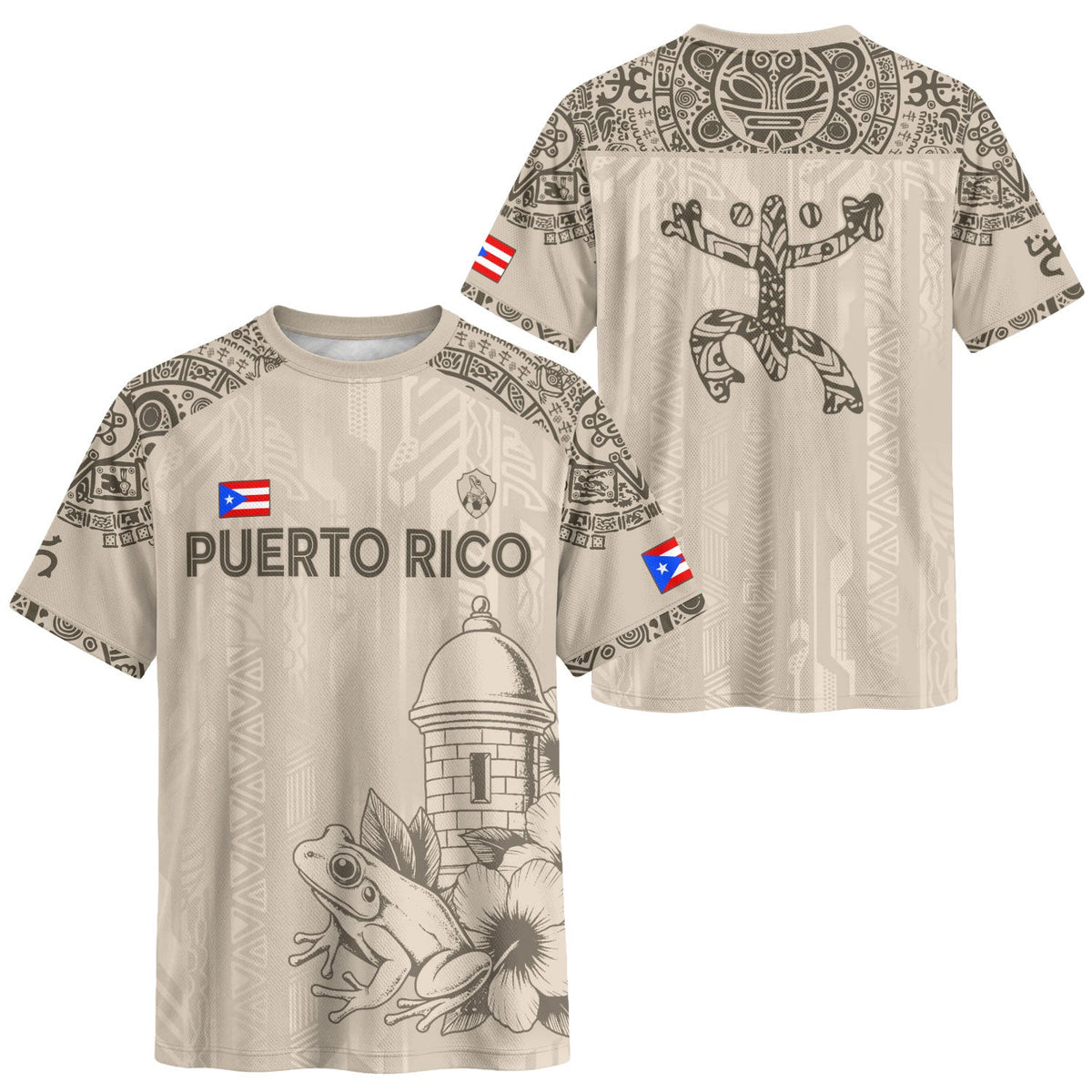 Coqui Frog Beige Gold Puerto Rico Soccer Jersey for Men and Women, Garita Floral Taino Sun, Top Puerto Rico Jersey and Puerto Rico Shirt, Northryn Co.