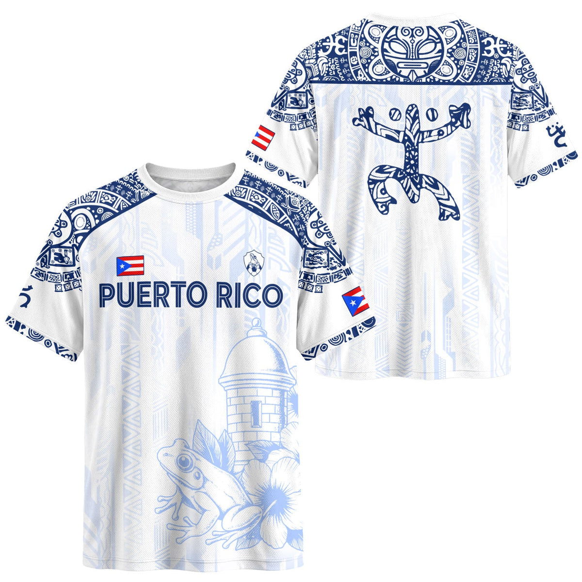 Puerto Rico Soccer Jersey in White Blue for Men and Women, Coqui Frog Floral Garita Taino Sun, Puerto Rico Shirt and Puerto Rico Jersey, Northryn Co.