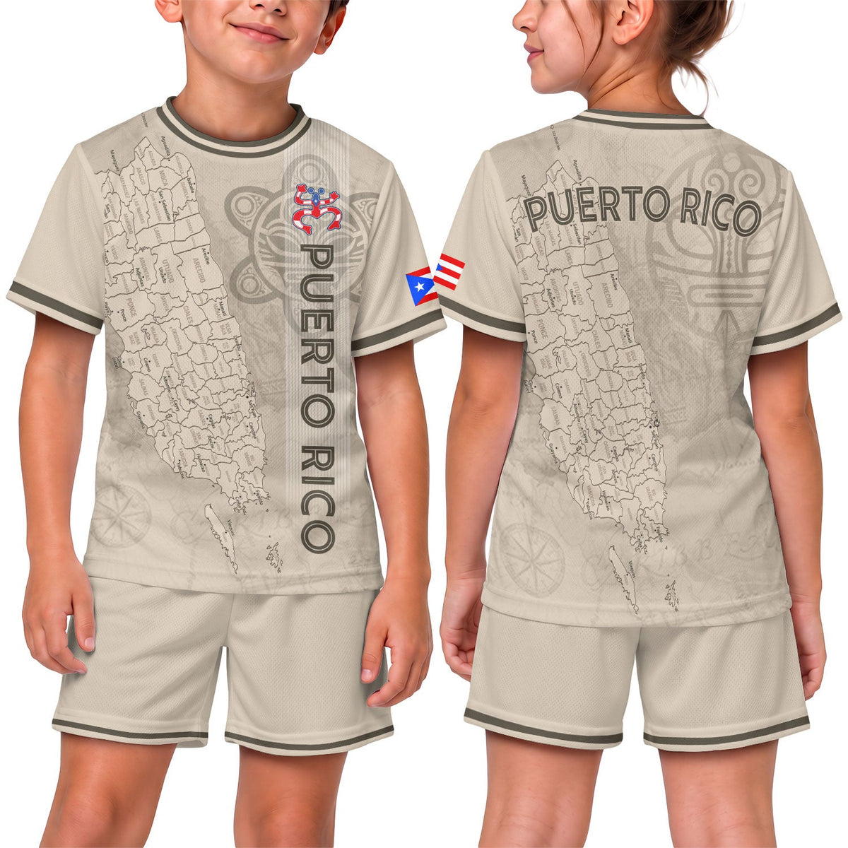 Beige Gold Map, Kids Puerto Rico Soccer Jersey with Taino Coqui for Boy and Girl, Puerto Rico Kids Soccer Jersey and Youth Soccer Jersey, Northryn Co.