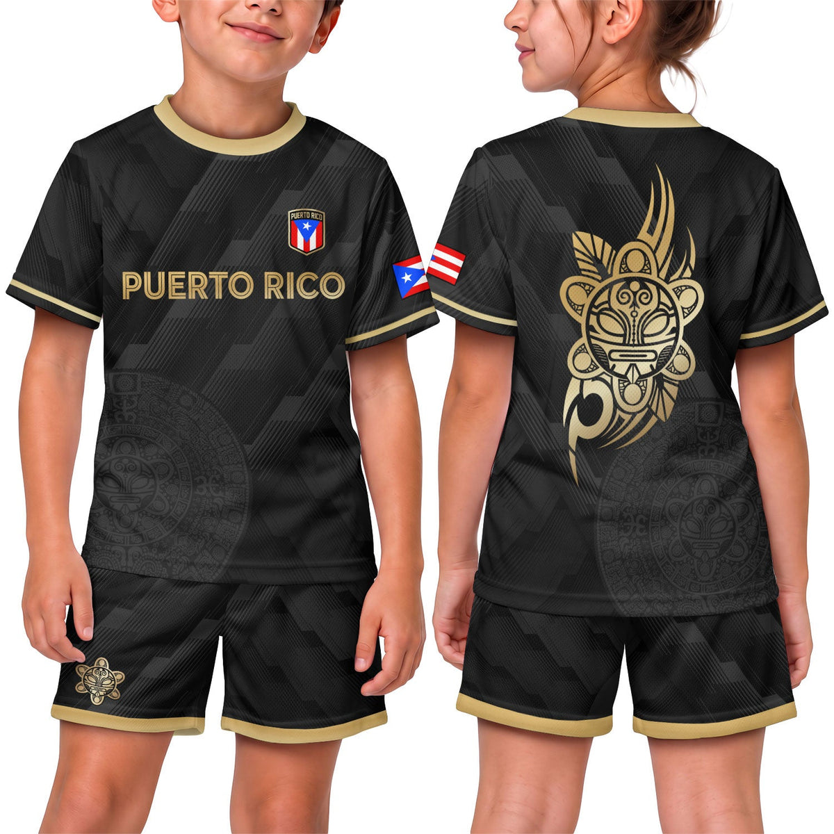 Kids Puerto Rico Soccer Jersey, Black Gold Modern Pattern Taino for Boy and Girl, Youth Soccer Jersey and Puerto Rico Kids Soccer Jersey, Northryn Co.