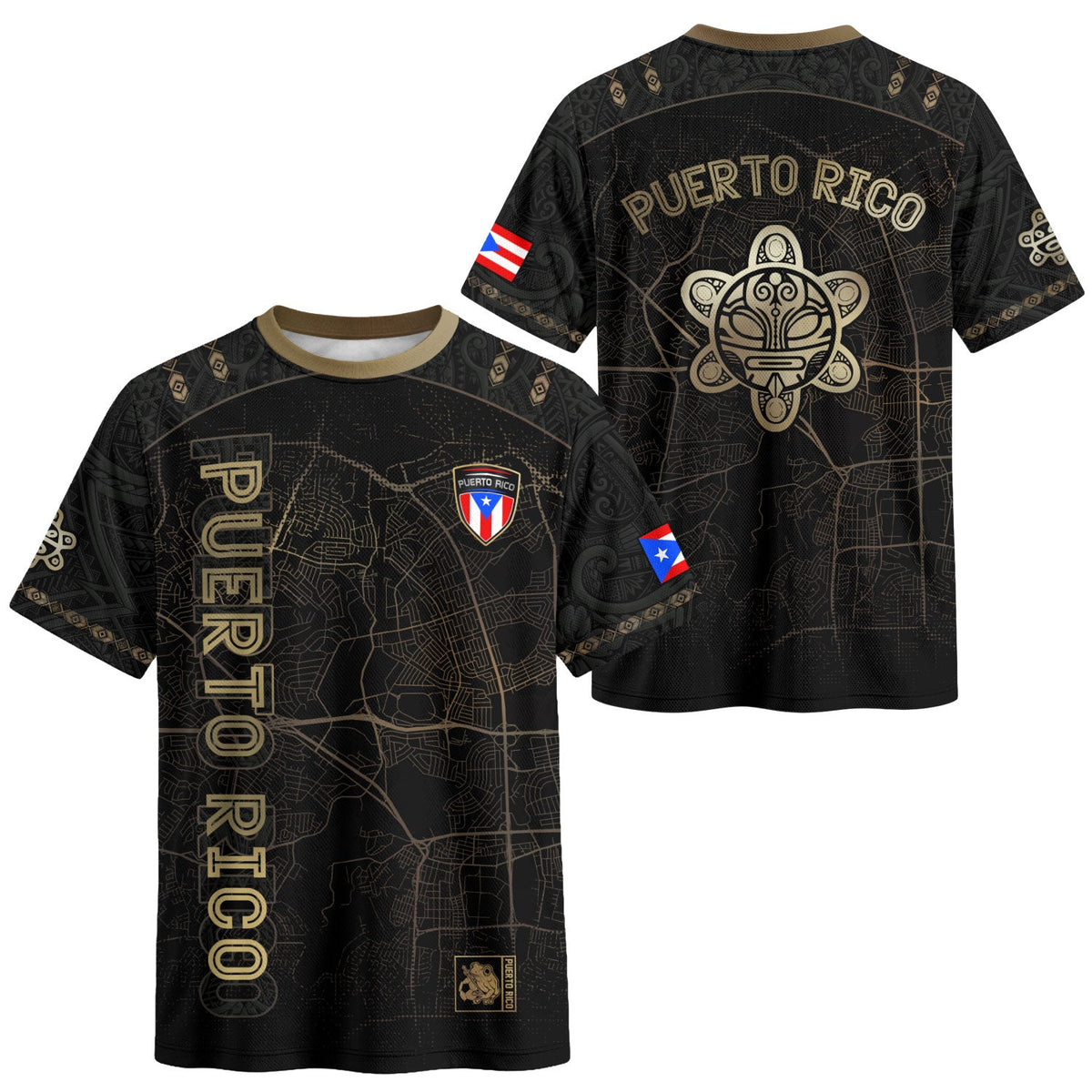 Puerto Rico Soccer Jersey in Black Gold for Men and Women, Street Map Taino Sun National Heritage, Puerto Rico Shirt, Puerto Rico Jersey, Northryn Co.