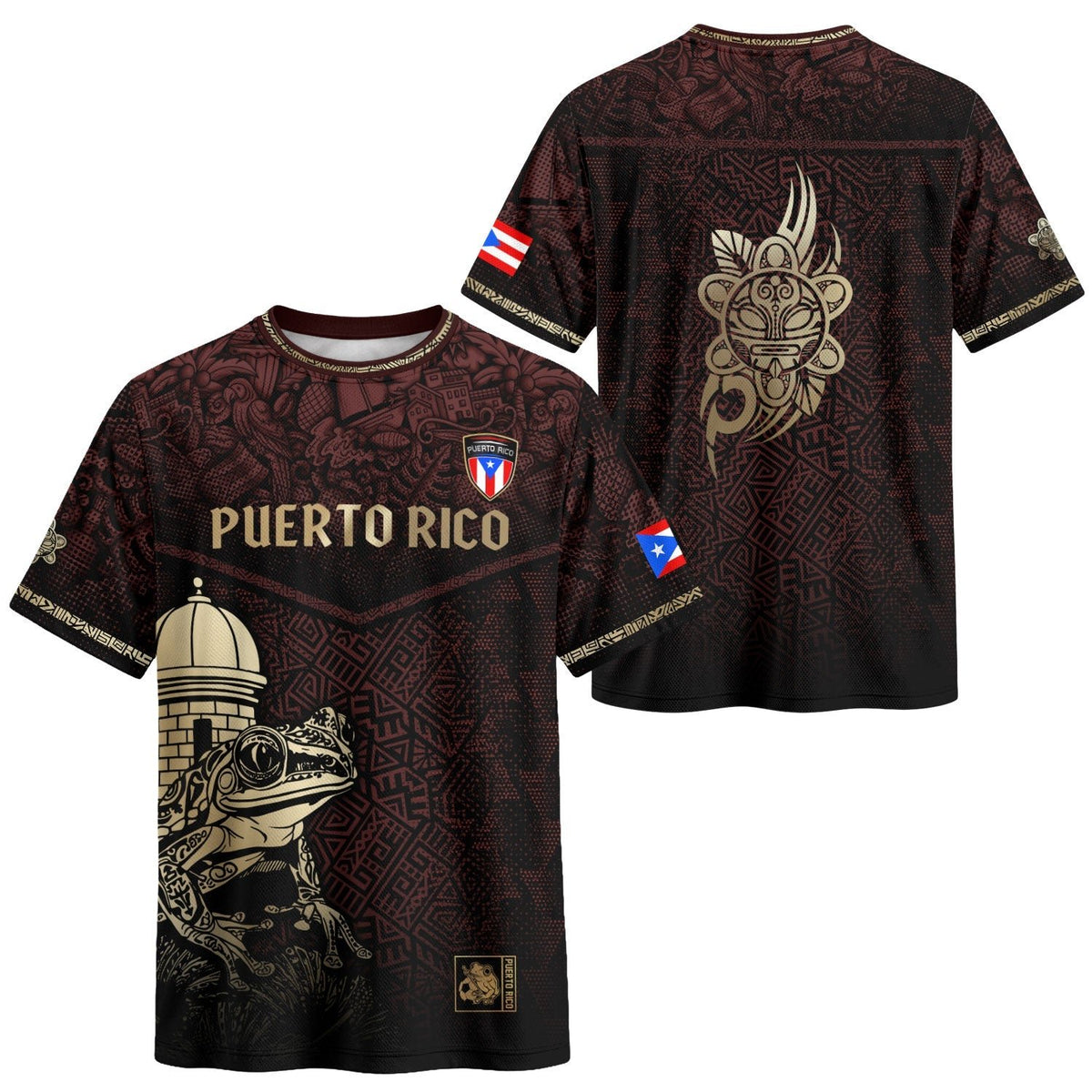 Coqui Frog Maroon Gold Puerto Rico Soccer Jersey for Men and Women, Garita Taino Sun National, Puerto Rico Shirt and Puerto Rico Jersey, Northryn Co.