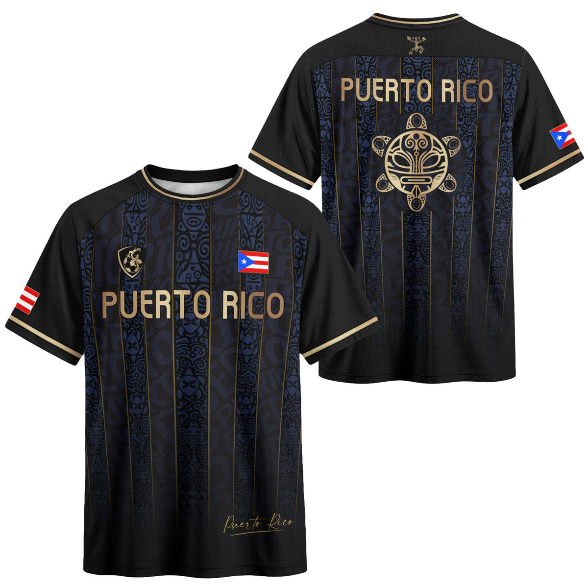 Puerto Rico Soccer Jersey in Navy Taino for Men and Women, Heritage Gold Coqui Print Boricua, Puerto Rico Shirt and Puerto Rico Jersey, Northryn Co.