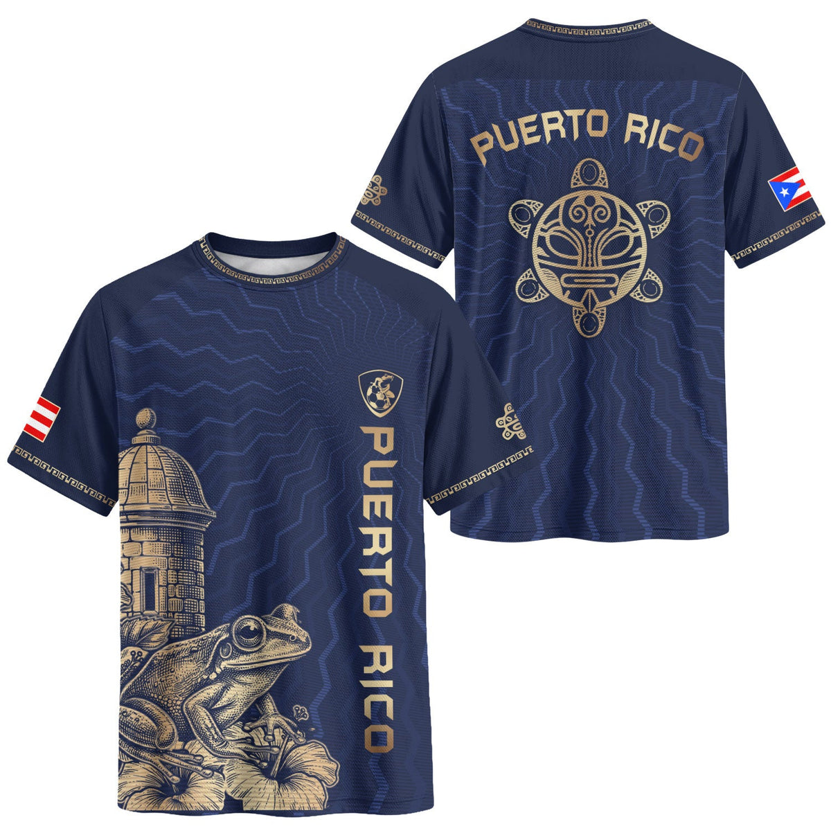 Puerto Rico Soccer Jersey with El Morro for Men and Women, Garita Coqui Frog Navy Gold Boricua, Puerto Rico Shirt and Puerto Rico Jersey, Northryn Co.