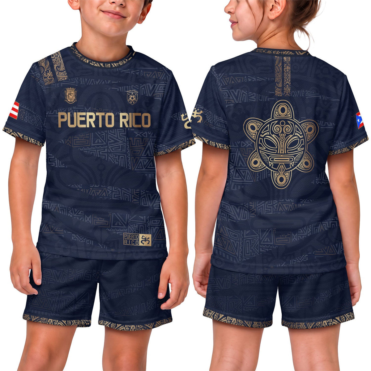 Kids Puerto Rico Soccer Jersey for Boy and Girl, Navy Gold Taino Tribal Pattern, Youth Soccer Jersey with Puerto Rico Kids Soccer Jersey, Northryn Co.