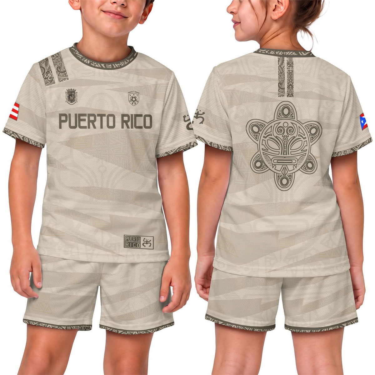 Beige Gold, Kids Puerto Rico Soccer Jersey with Taino Tribal for Boy and Girl, Puerto Rico Kids Soccer Jersey Meets Youth Soccer Jersey, Northryn Co.