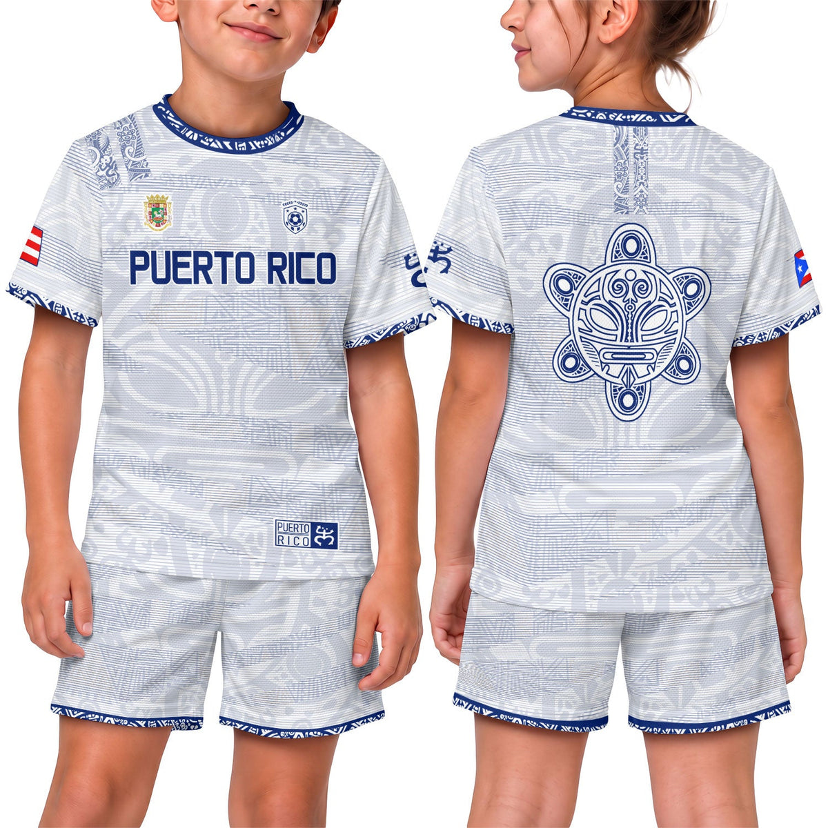 Kids Puerto Rico Soccer Jersey, White Blue Taino Tribal Pattern for Boy and Girl, Youth Soccer Jersey and Puerto Rico Kids Soccer Jersey, Northryn Co.